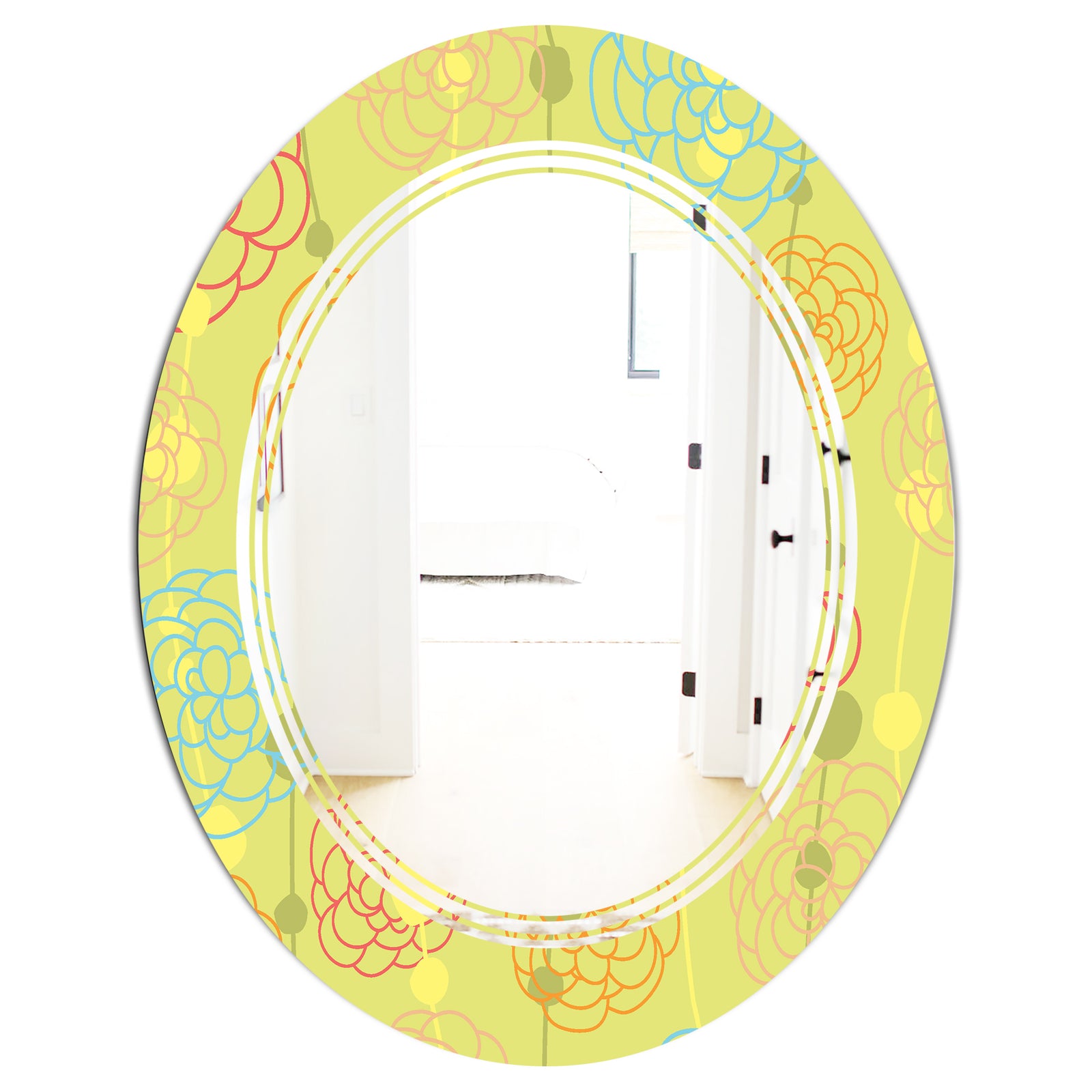 Retro Handdrawn Flowers On Green Background - Modern Round or Oval Wall Mirror - Triple C
