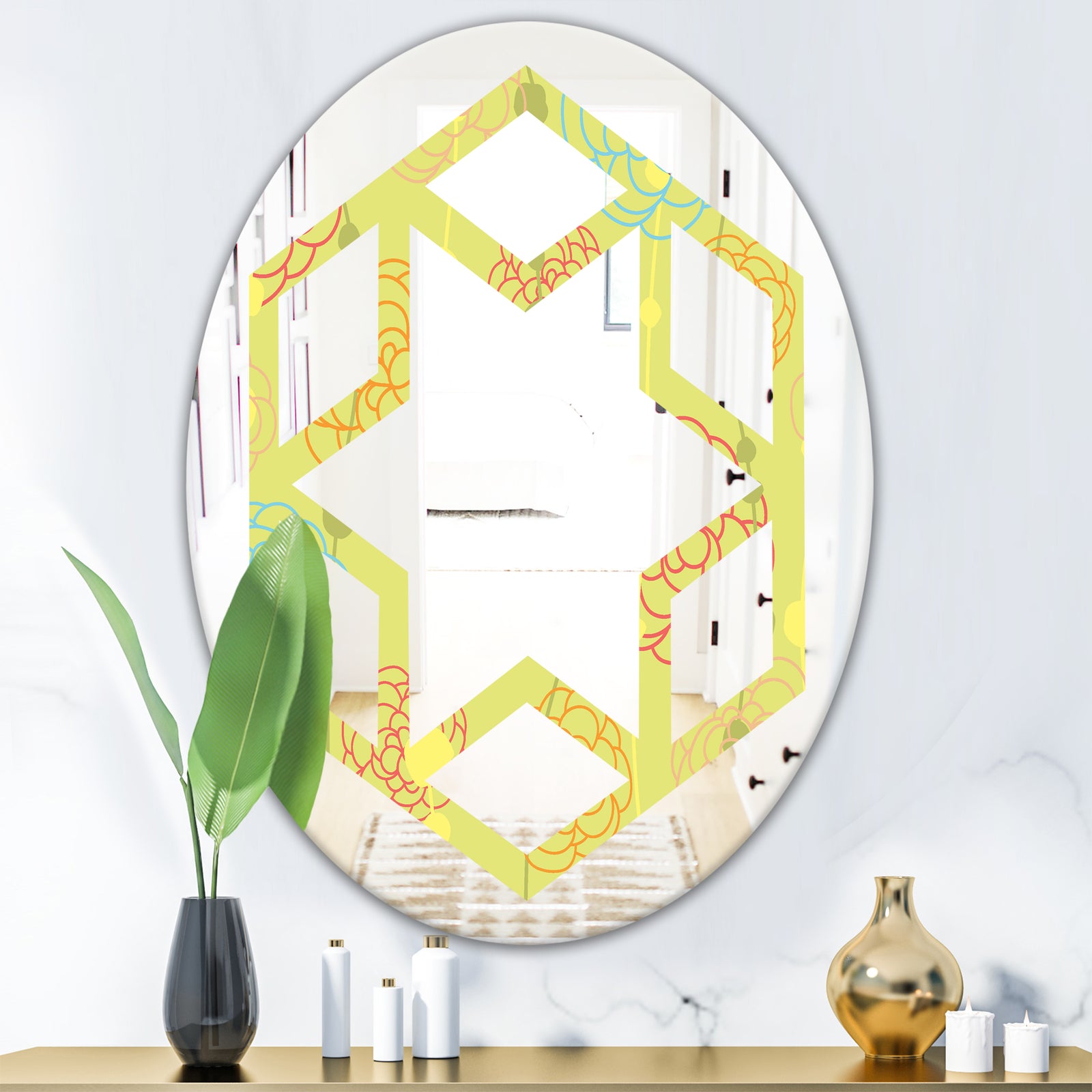 Retro Handdrawn Flowers On Green Background - Modern Round or Oval Wall Mirror - Hexagon Star