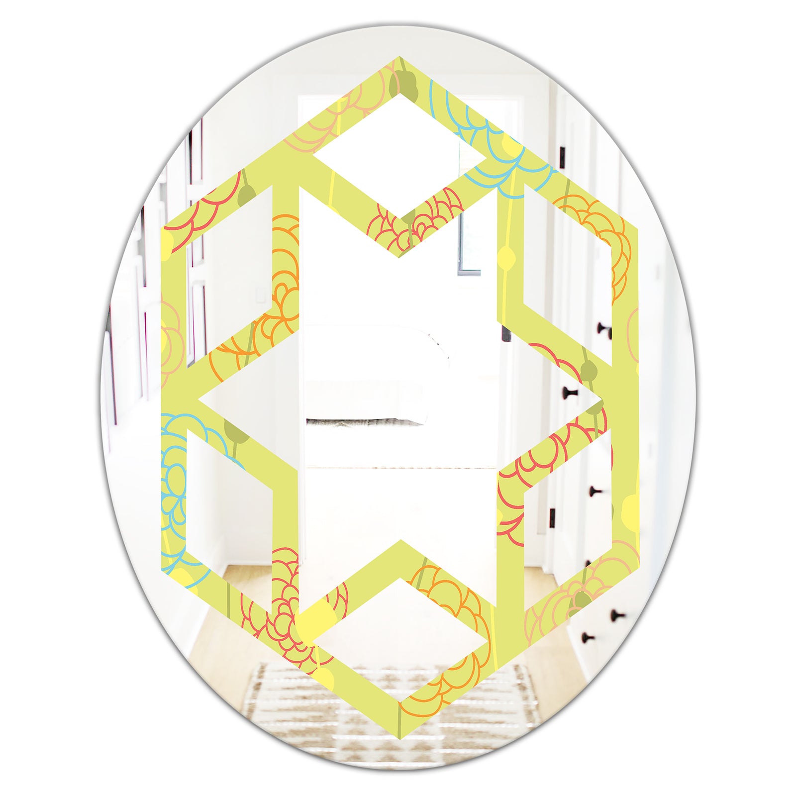 Retro Handdrawn Flowers On Green Background - Modern Round or Oval Wall Mirror - Hexagon Star