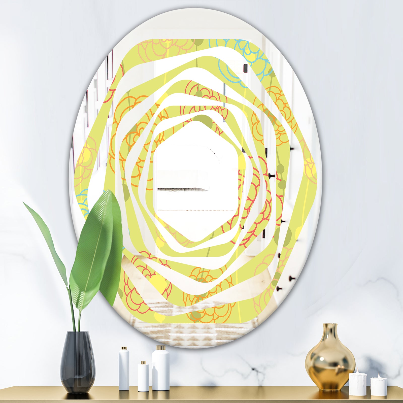 Retro Handdrawn Flowers On Green Background - Modern Round or Oval Wall Mirror - Whirl
