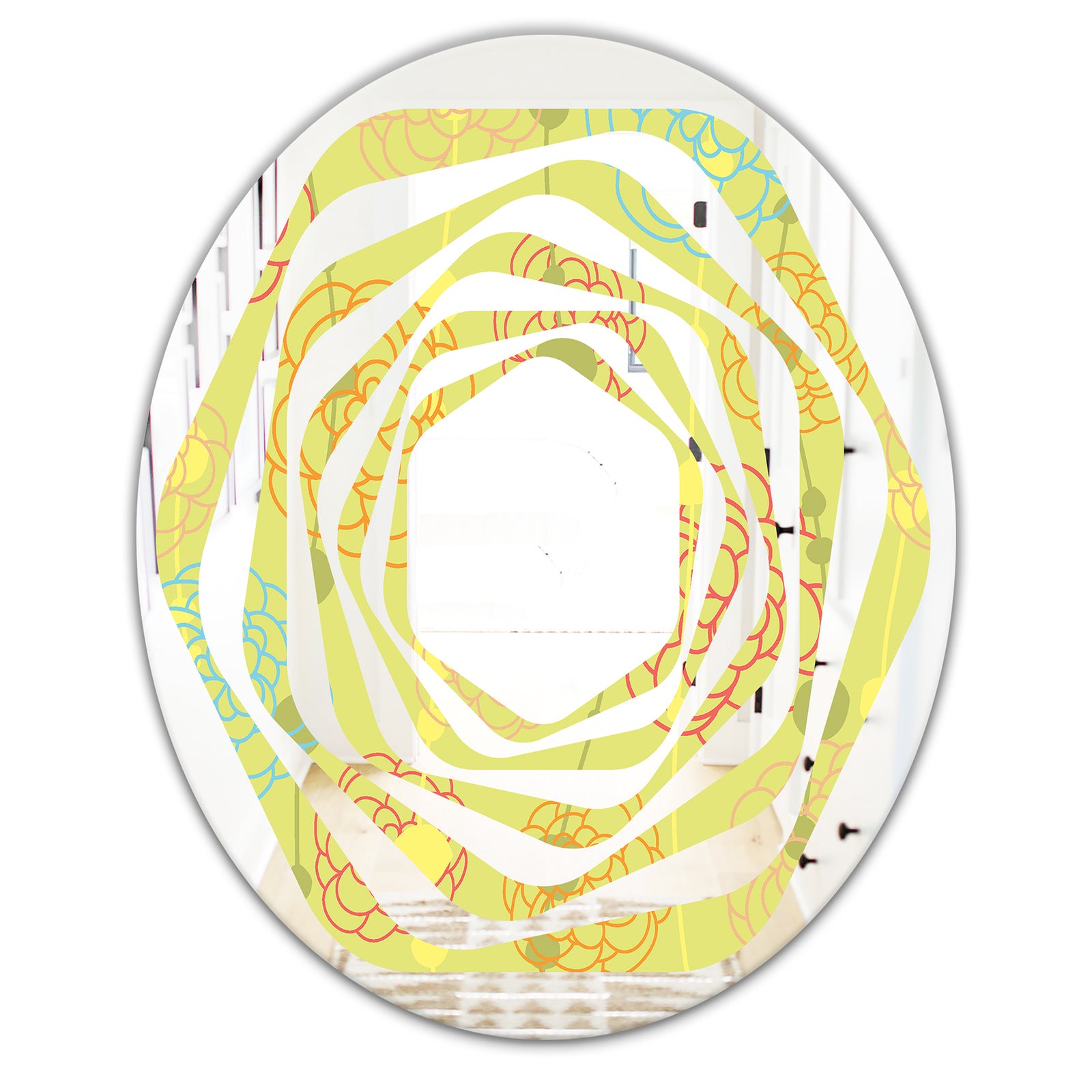 Retro Handdrawn Flowers On Green Background - Modern Round or Oval Wall Mirror - Whirl