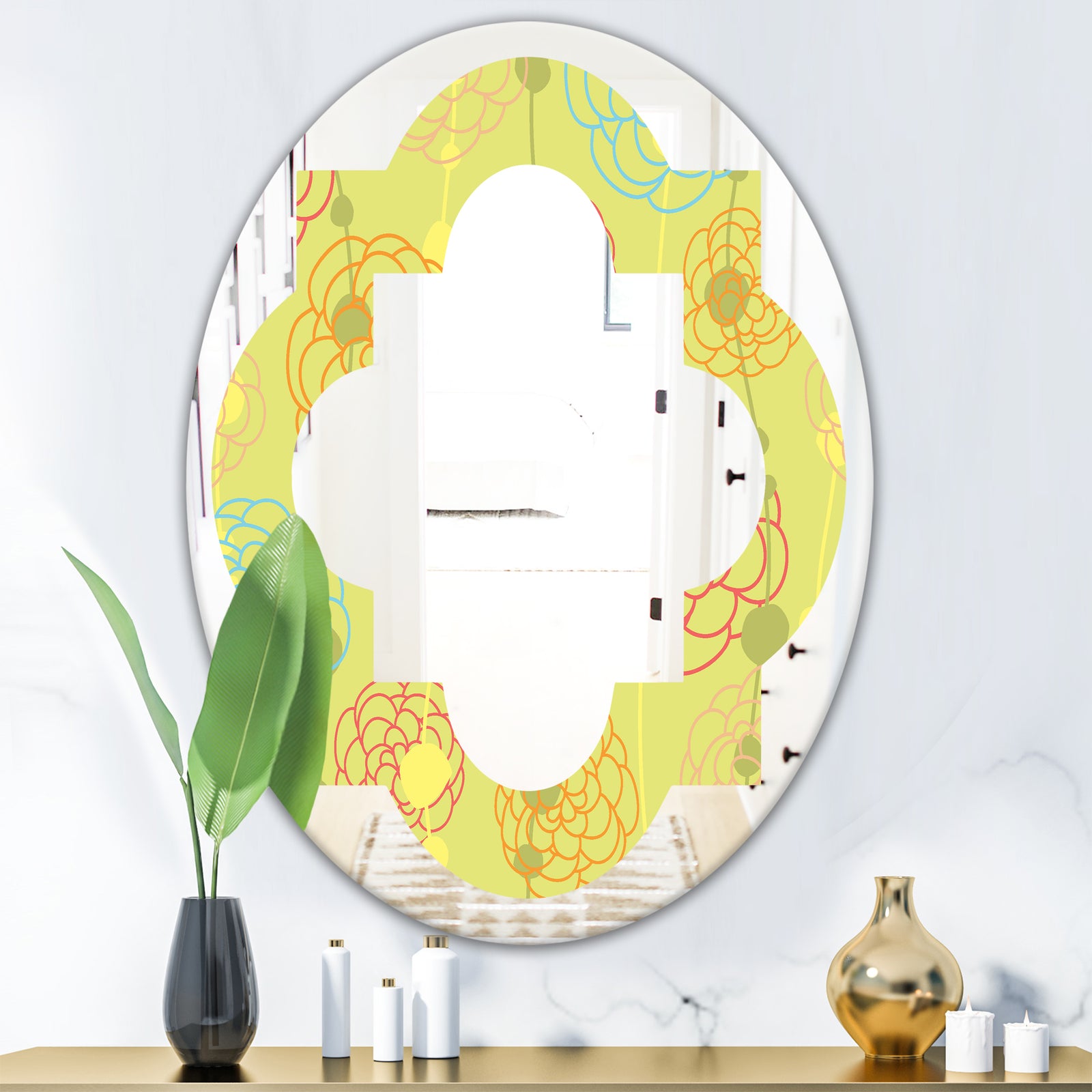 Retro Handdrawn Flowers On Green Background - Modern Round or Oval Wall Mirror - Quatrefoil