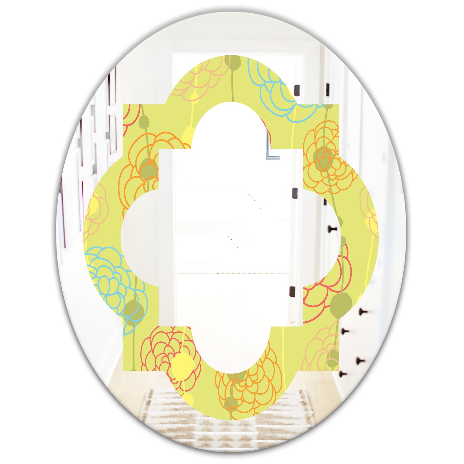 Retro Handdrawn Flowers On Green Background - Modern Round or Oval Wall Mirror - Quatrefoil