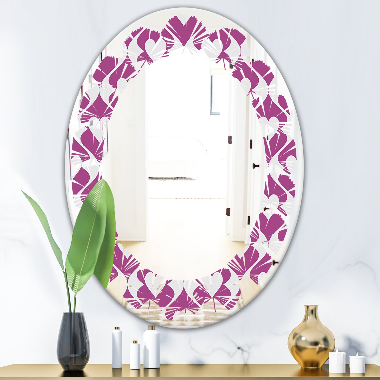 Retro Pattern Abstract Design VIII - Modern Round or Oval Wall Mirror - Leaves