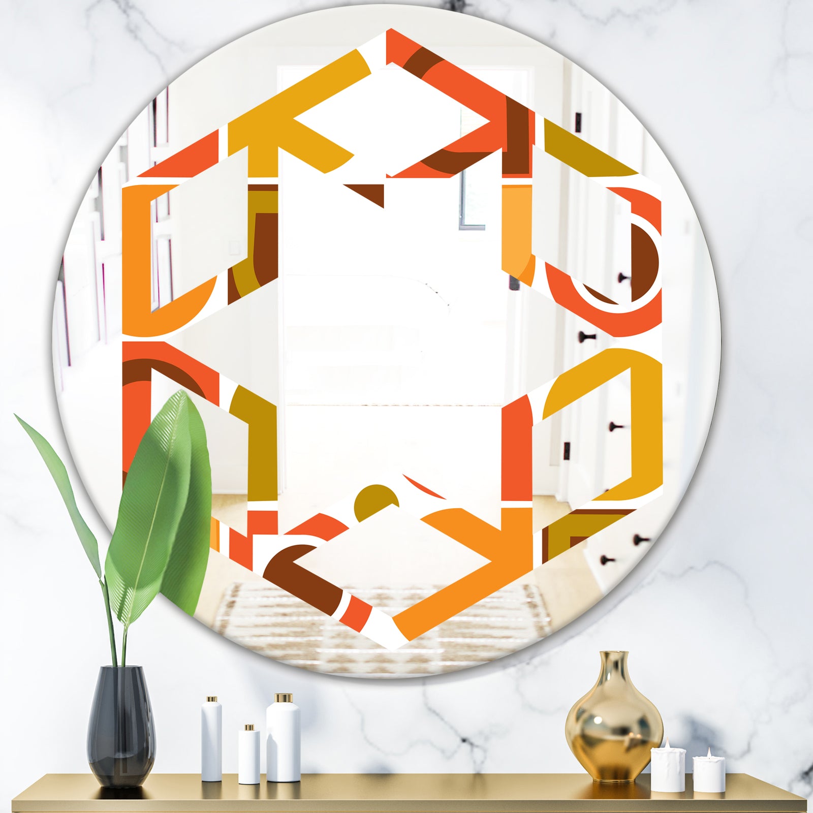Abstract Retro Geometric Pattern VI - Modern Round or Oval Wall Mirror - Hexagon Star