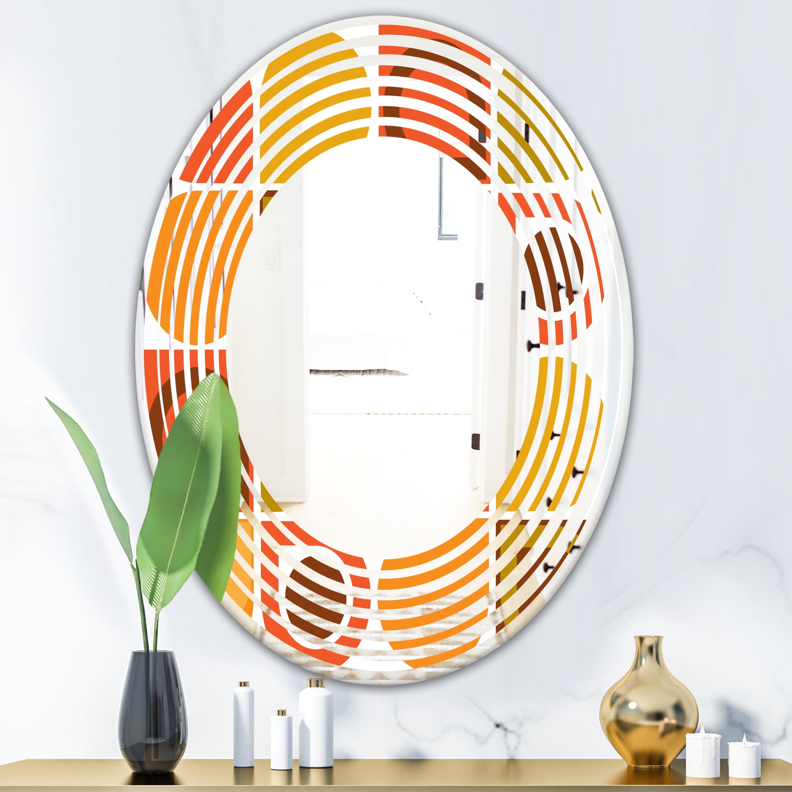 Abstract Retro Geometric Pattern VI - Modern Round or Oval Wall Mirror - Wave
