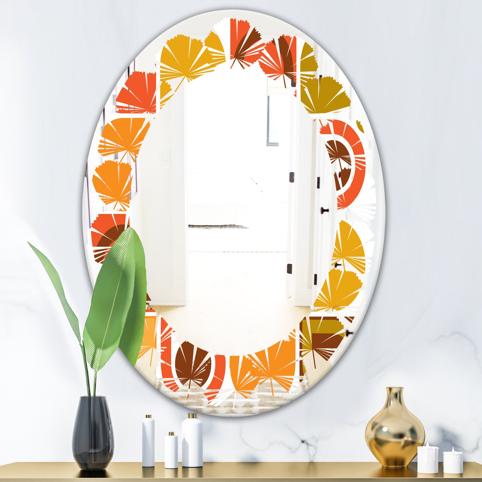 Abstract Retro Geometric Pattern VI - Modern Round or Oval Wall Mirror - Leaves