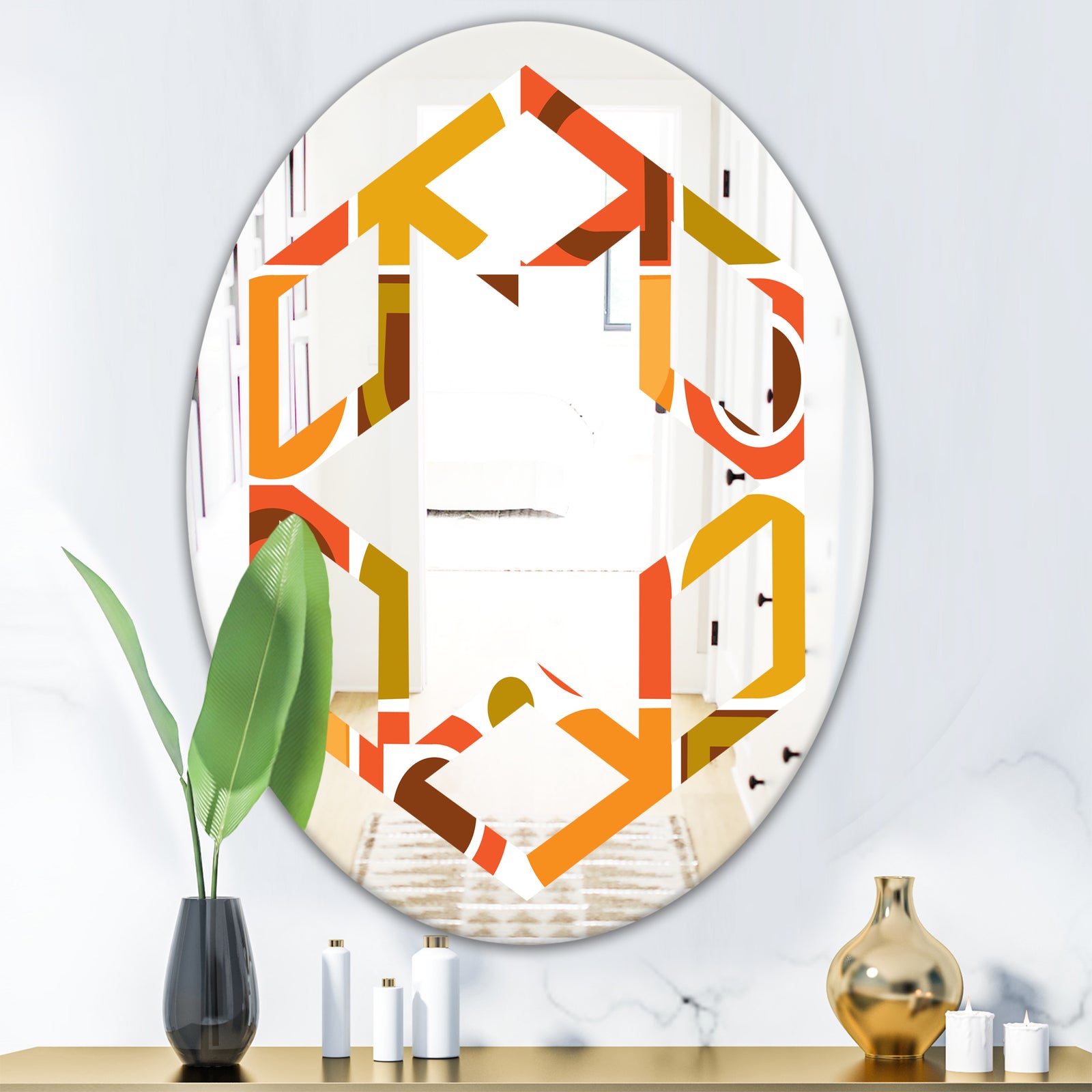 Abstract Retro Geometric Pattern VI - Modern Round or Oval Wall Mirror - Hexagon Star