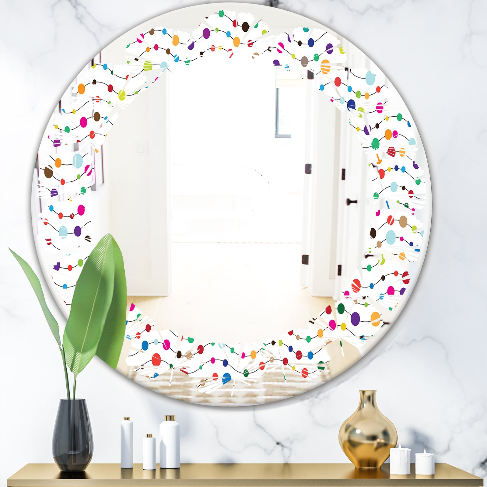 Color Waves of Polka Dots - Modern Round or Oval Wall Mirror - Leaves