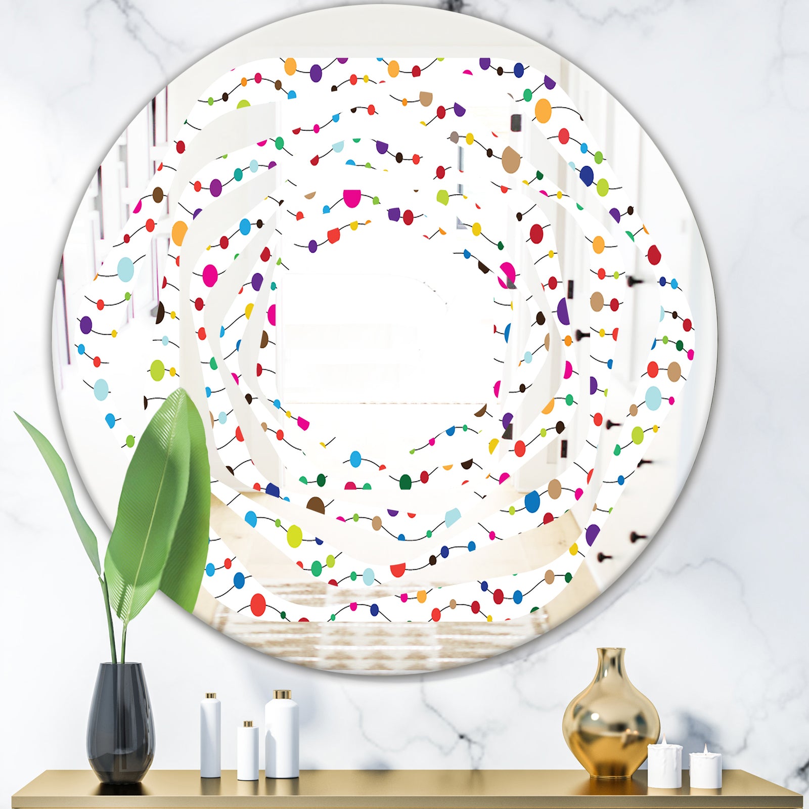 Color Waves of Polka Dots - Modern Round or Oval Wall Mirror - Whirl