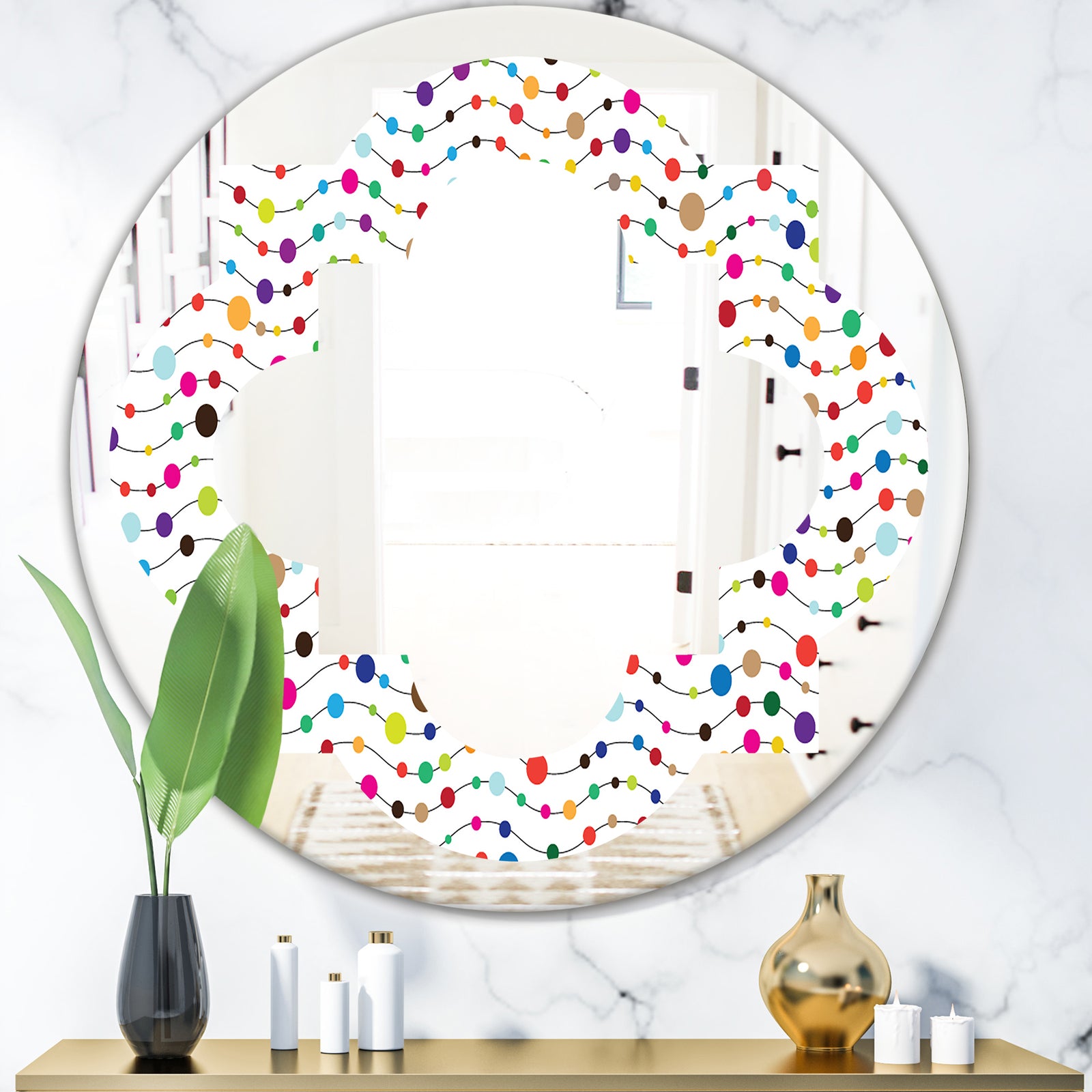 Color Waves of Polka Dots - Modern Round or Oval Wall Mirror - Quatrefoil