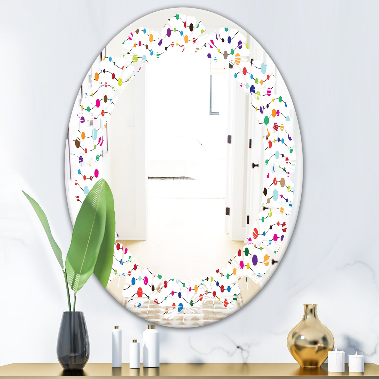 Color Waves of Polka Dots - Modern Round or Oval Wall Mirror - Leaves