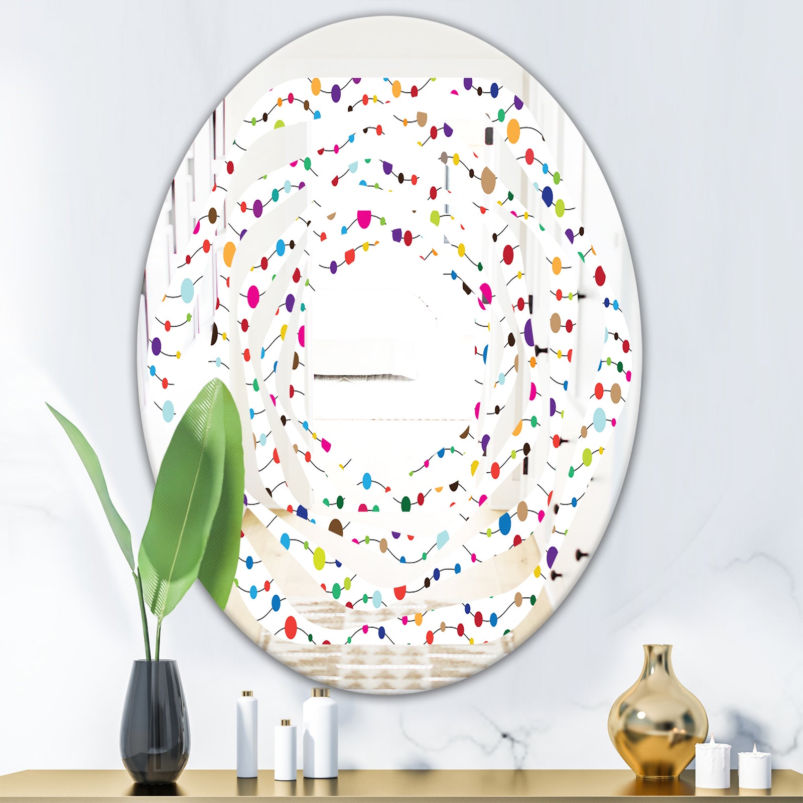 Color Waves of Polka Dots - Modern Round or Oval Wall Mirror - Whirl