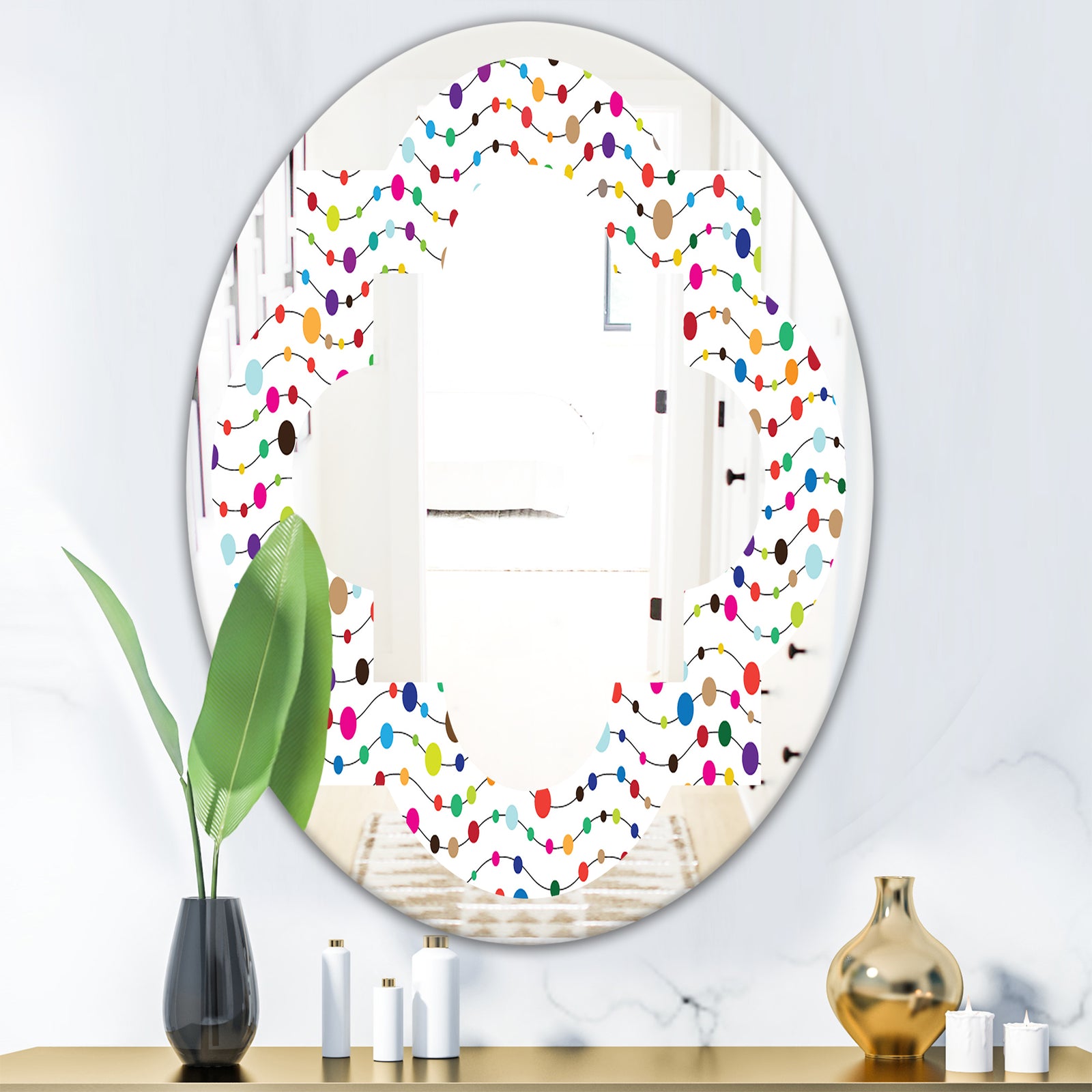 Color Waves of Polka Dots - Modern Round or Oval Wall Mirror - Quatrefoil
