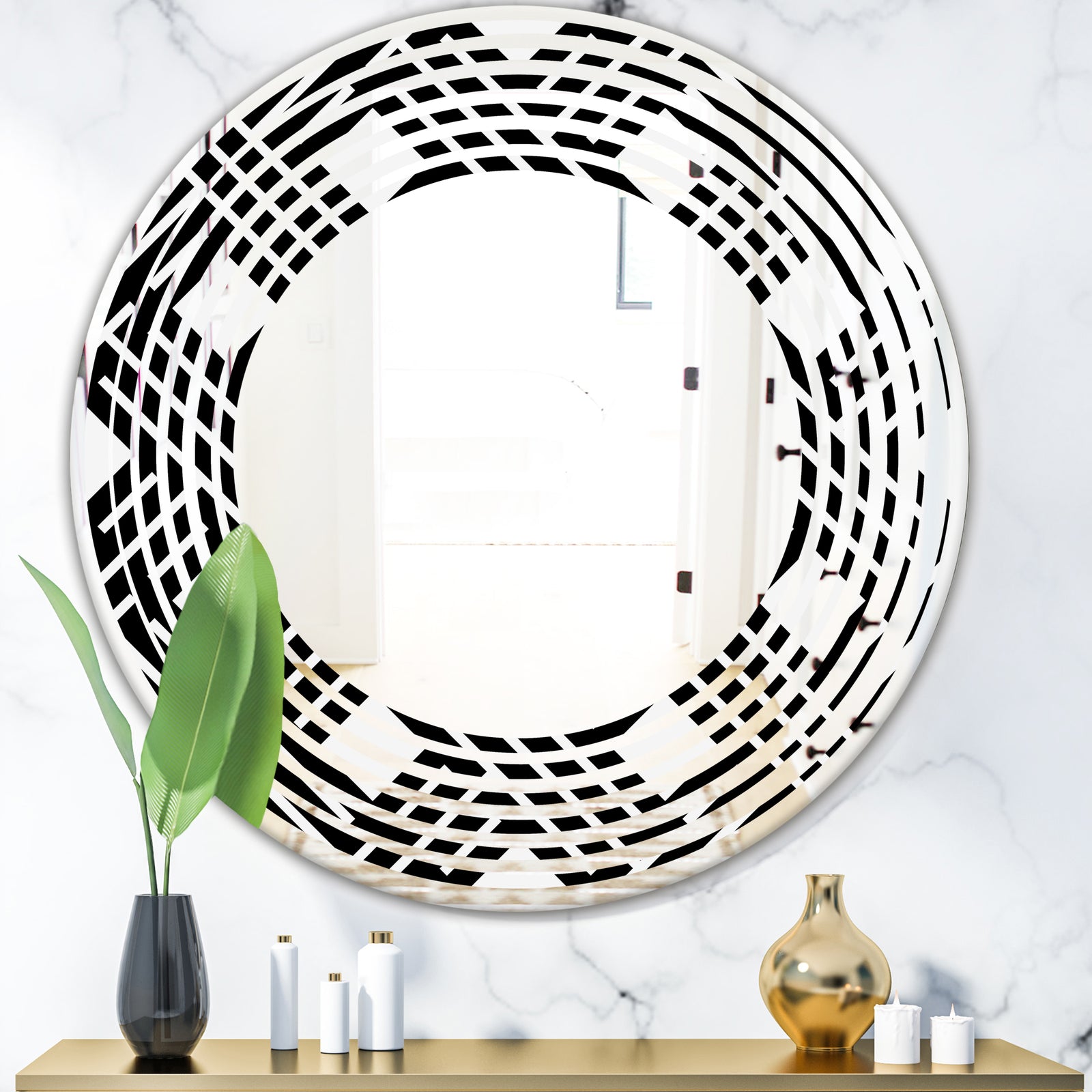 Monochrome Geometric Pattern II - Modern Round or Oval Wall Mirror - Wave