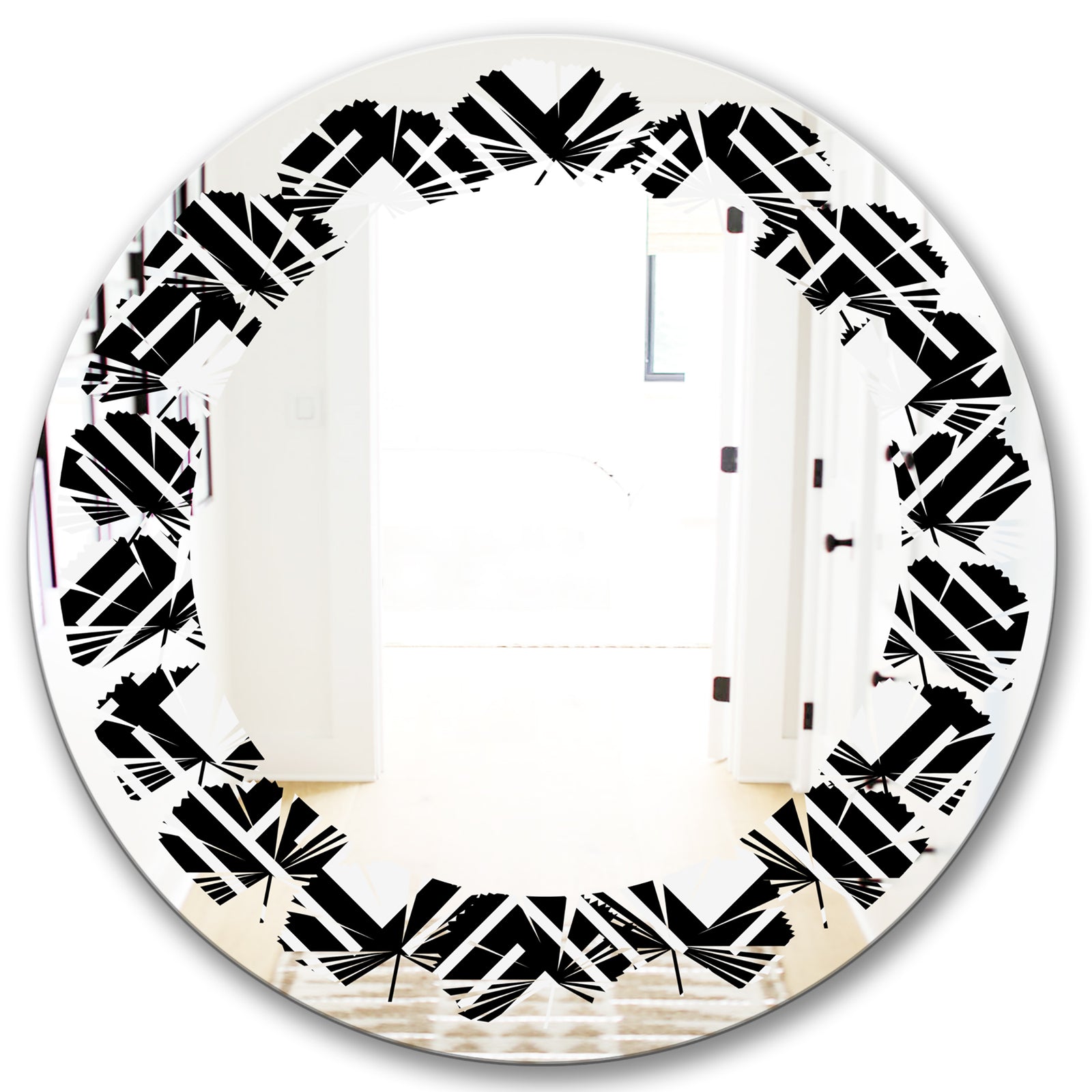 Monochrome Geometric Pattern II - Modern Round or Oval Wall Mirror - Leaves