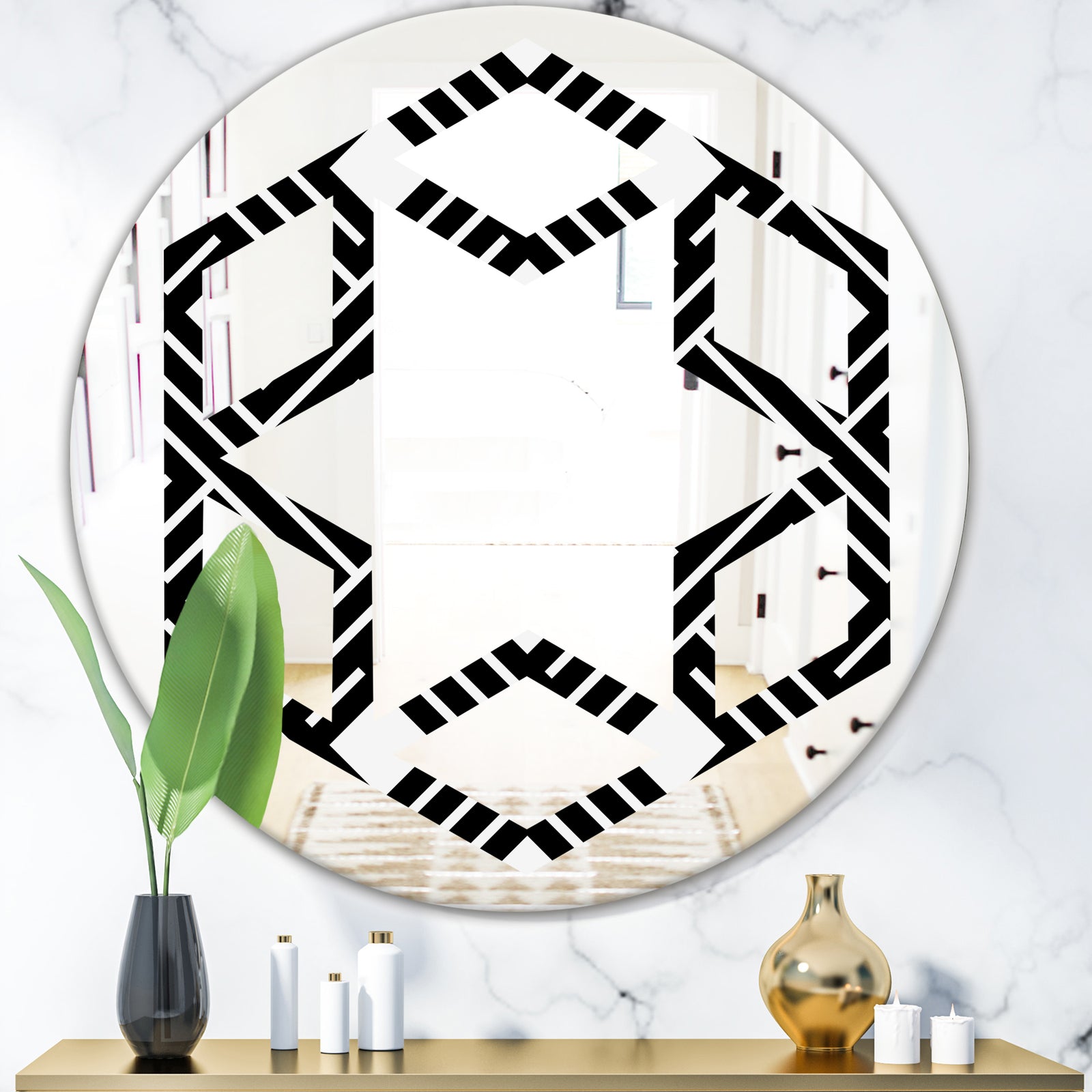 Monochrome Geometric Pattern II - Modern Round or Oval Wall Mirror - Hexagon Star