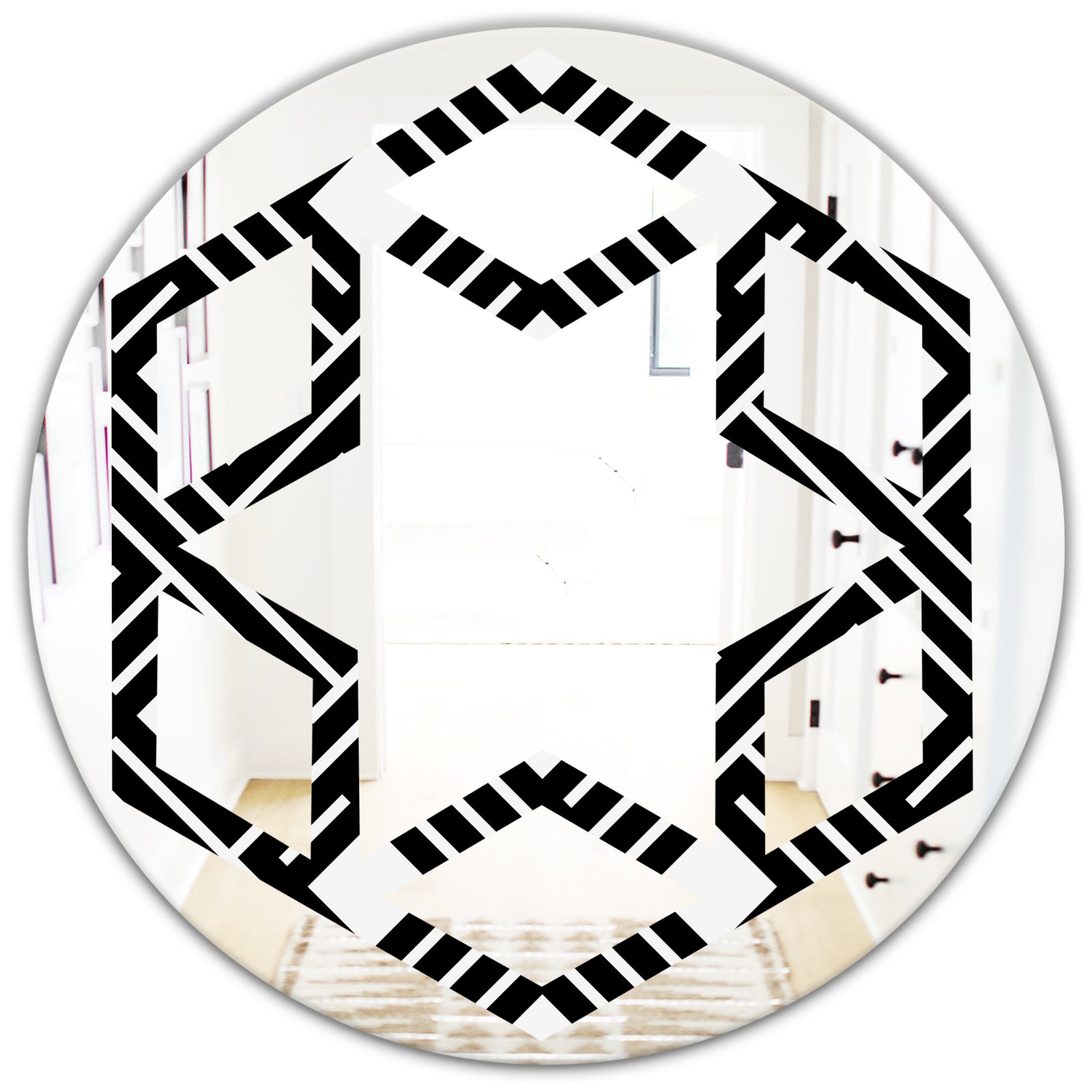Monochrome Geometric Pattern II - Modern Round or Oval Wall Mirror - Hexagon Star