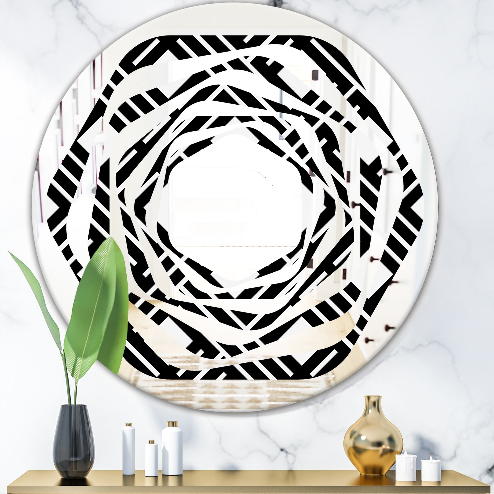 Monochrome Geometric Pattern II - Modern Round or Oval Wall Mirror - Whirl