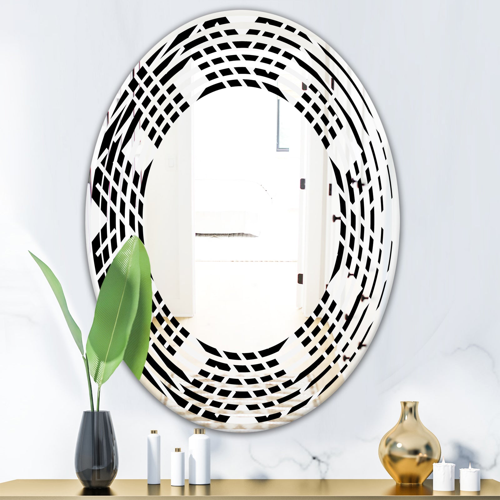 Monochrome Geometric Pattern II - Modern Round or Oval Wall Mirror - Wave