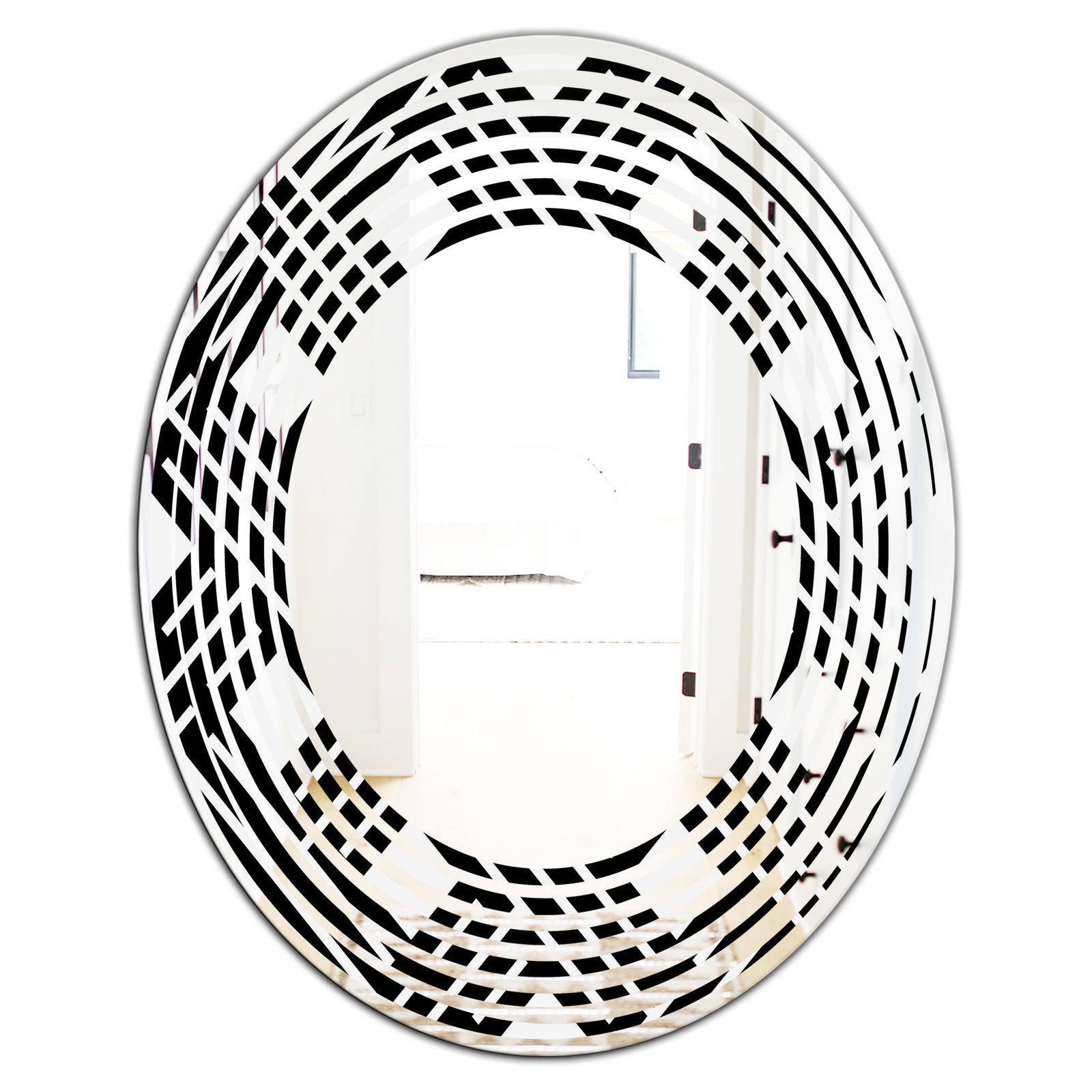 Monochrome Geometric Pattern II - Modern Round or Oval Wall Mirror - Wave