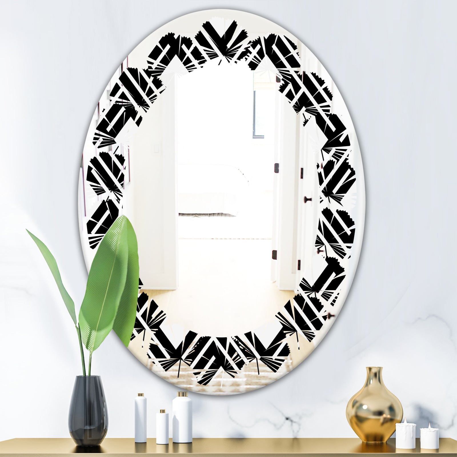 Monochrome Geometric Pattern II - Modern Round or Oval Wall Mirror - Leaves