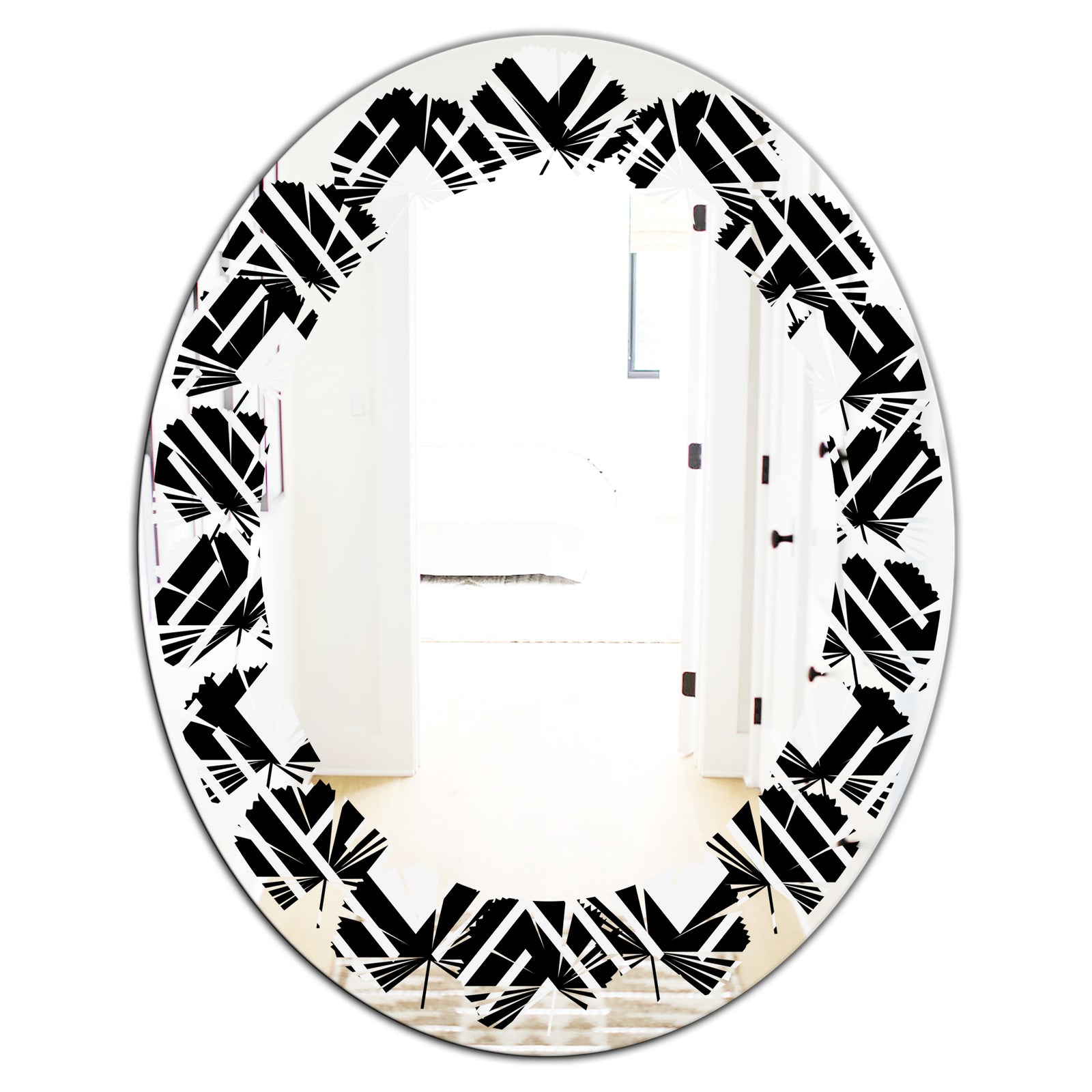 Monochrome Geometric Pattern II - Modern Round or Oval Wall Mirror - Leaves