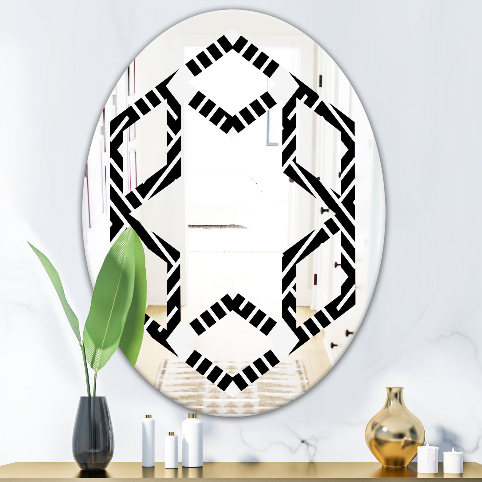 Monochrome Geometric Pattern II - Modern Round or Oval Wall Mirror - Hexagon Star