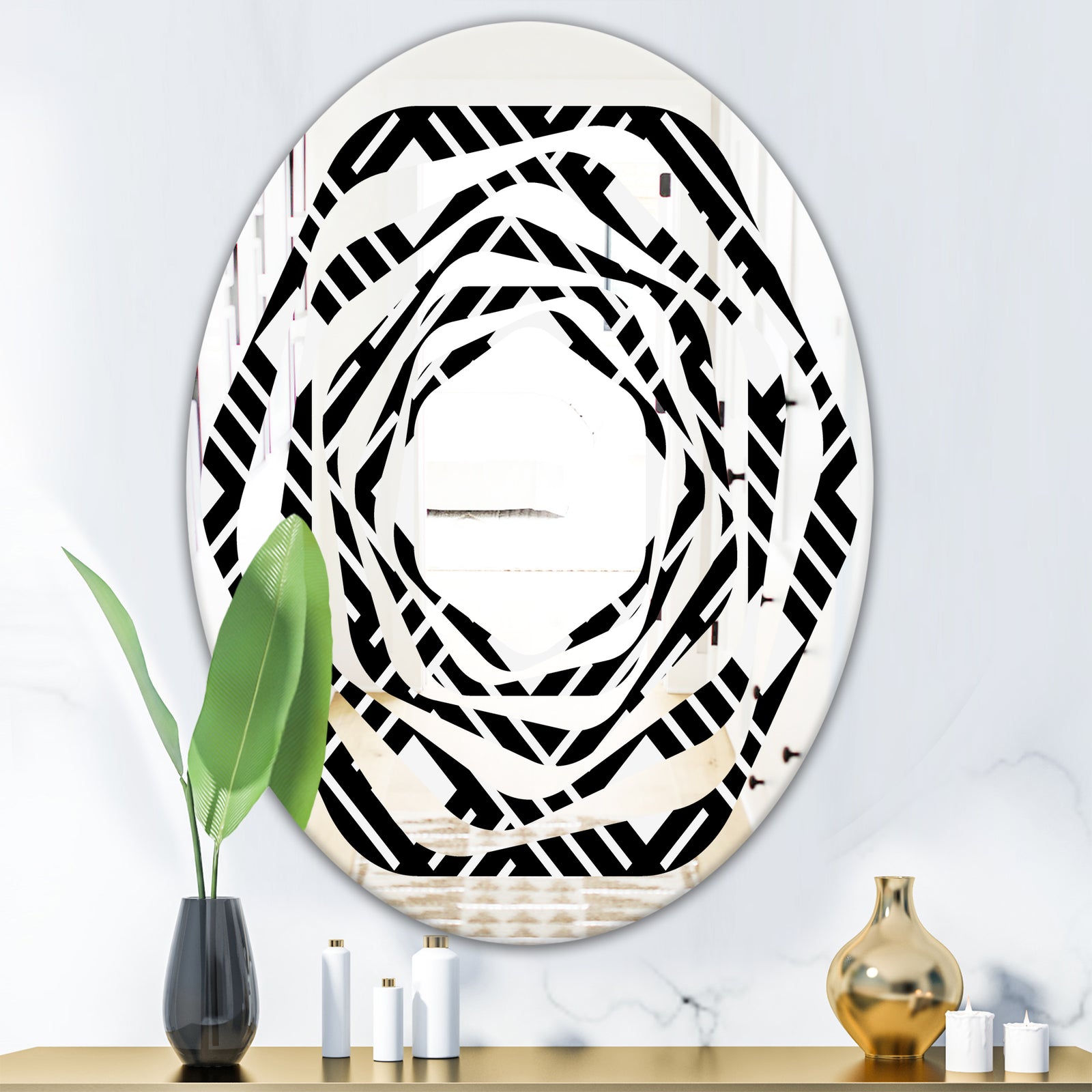 Monochrome Geometric Pattern II - Modern Round or Oval Wall Mirror - Whirl