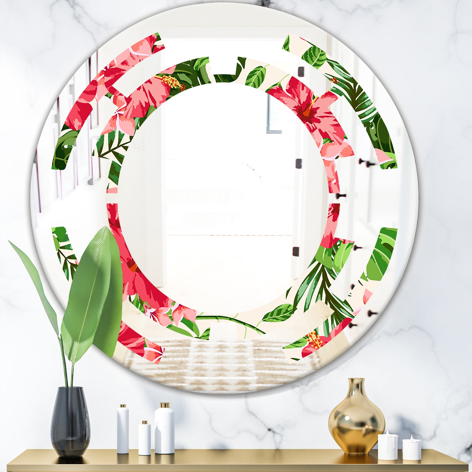 Tropical Leaves and Flowers I - Cottage Round or Oval Wall Mirror - Space