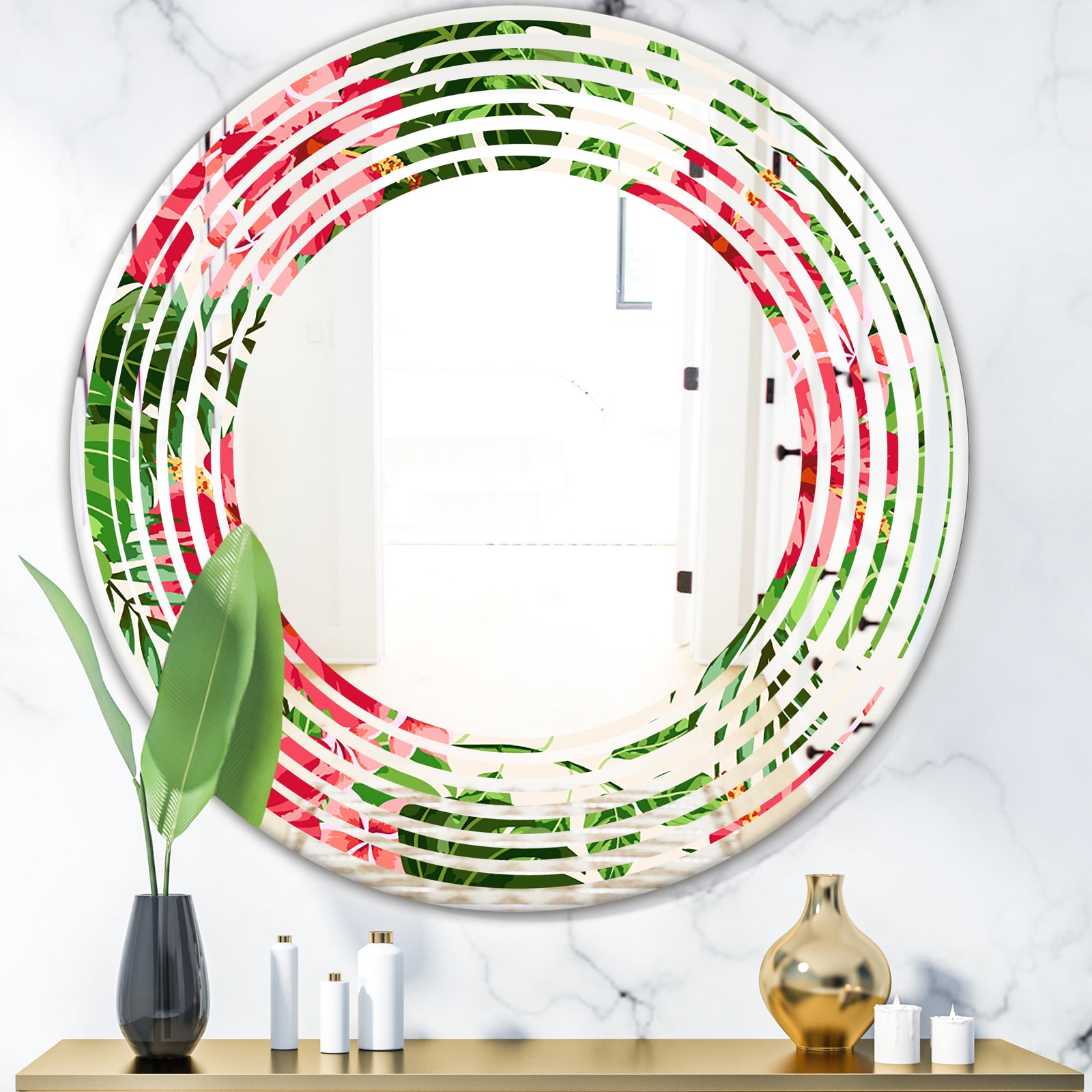 Tropical Leaves and Flowers I - Cottage Round or Oval Wall Mirror - Wave