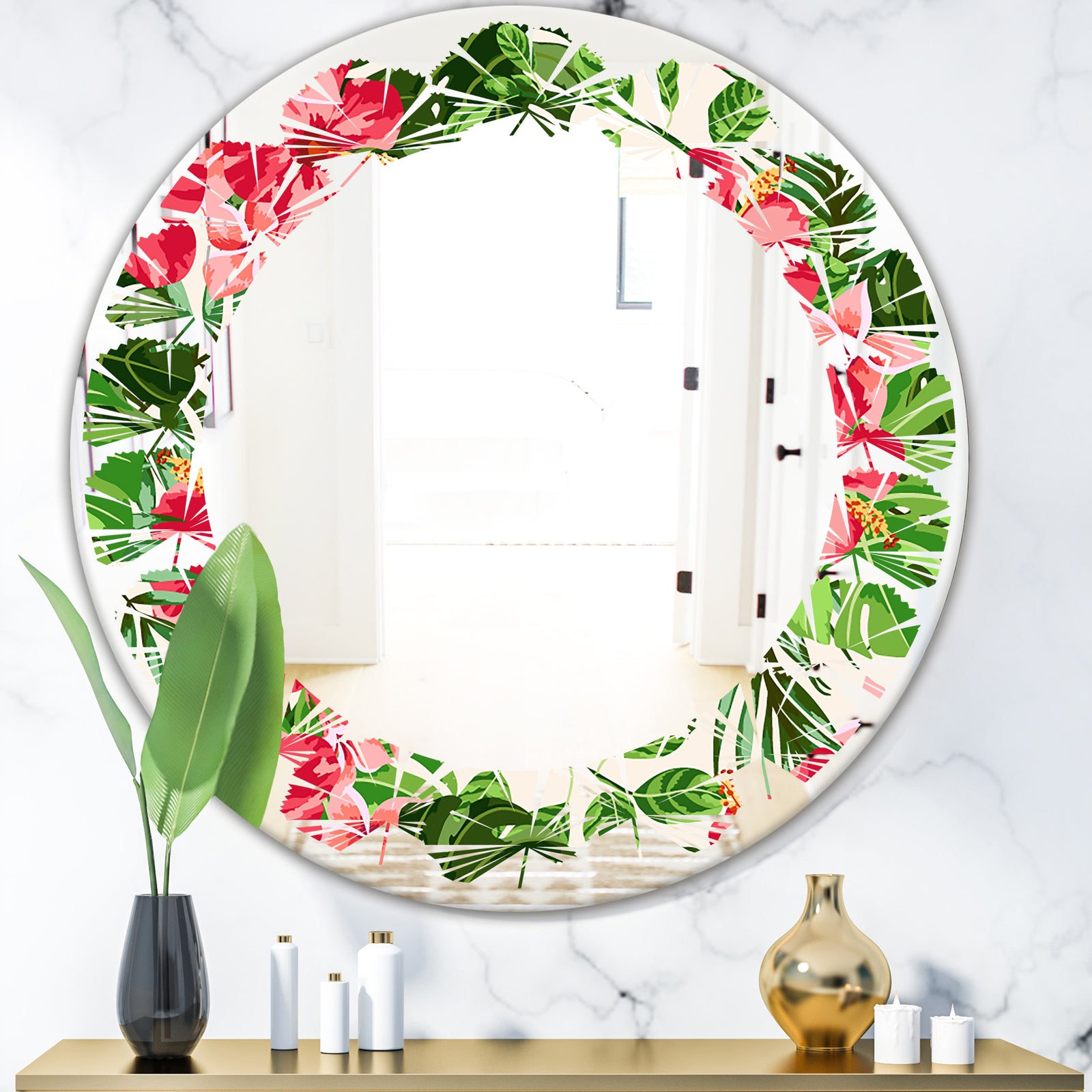 Tropical Leaves and Flowers I - Cottage Round or Oval Wall Mirror - Leaves