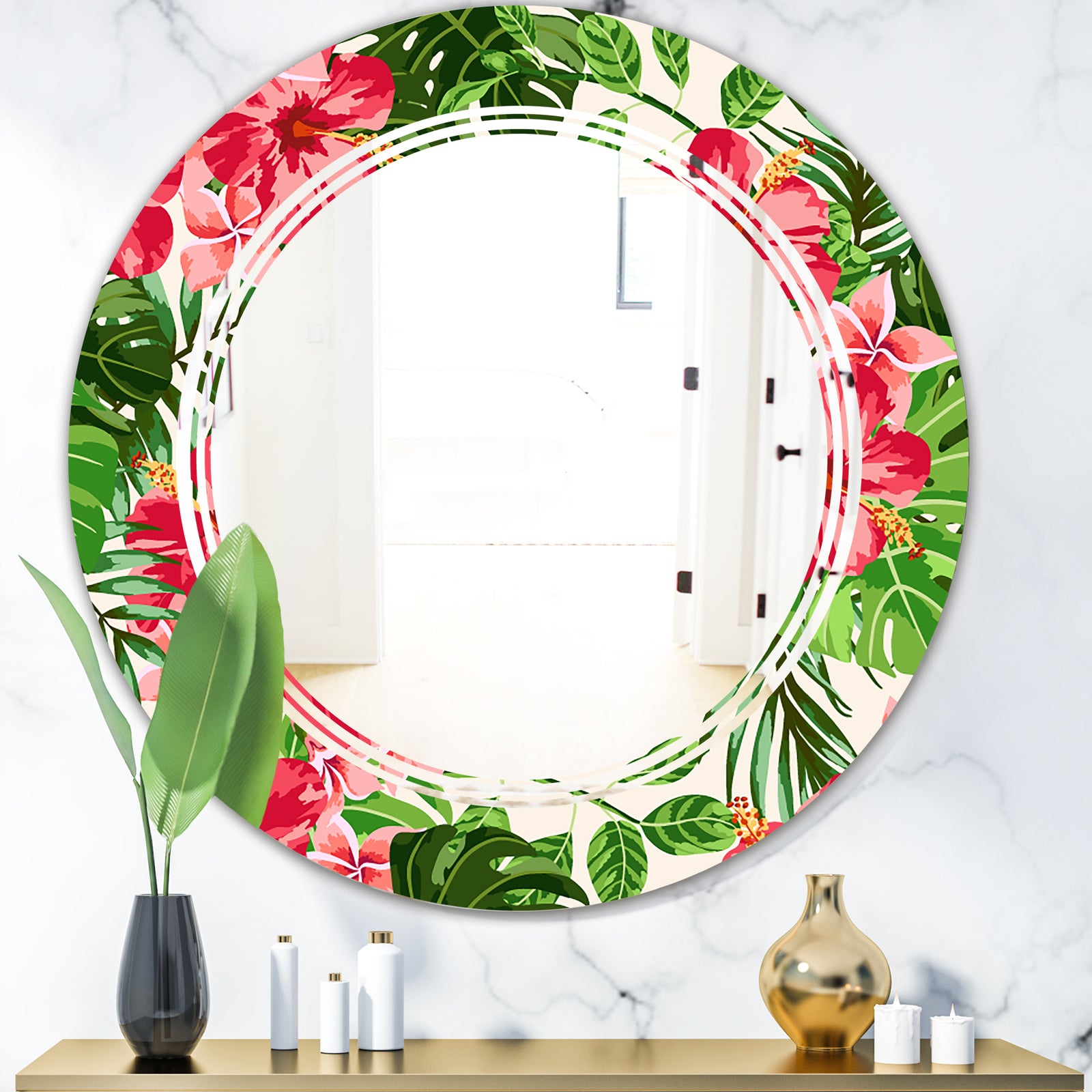 Tropical Leaves and Flowers I - Cottage Round or Oval Wall Mirror - Triple C