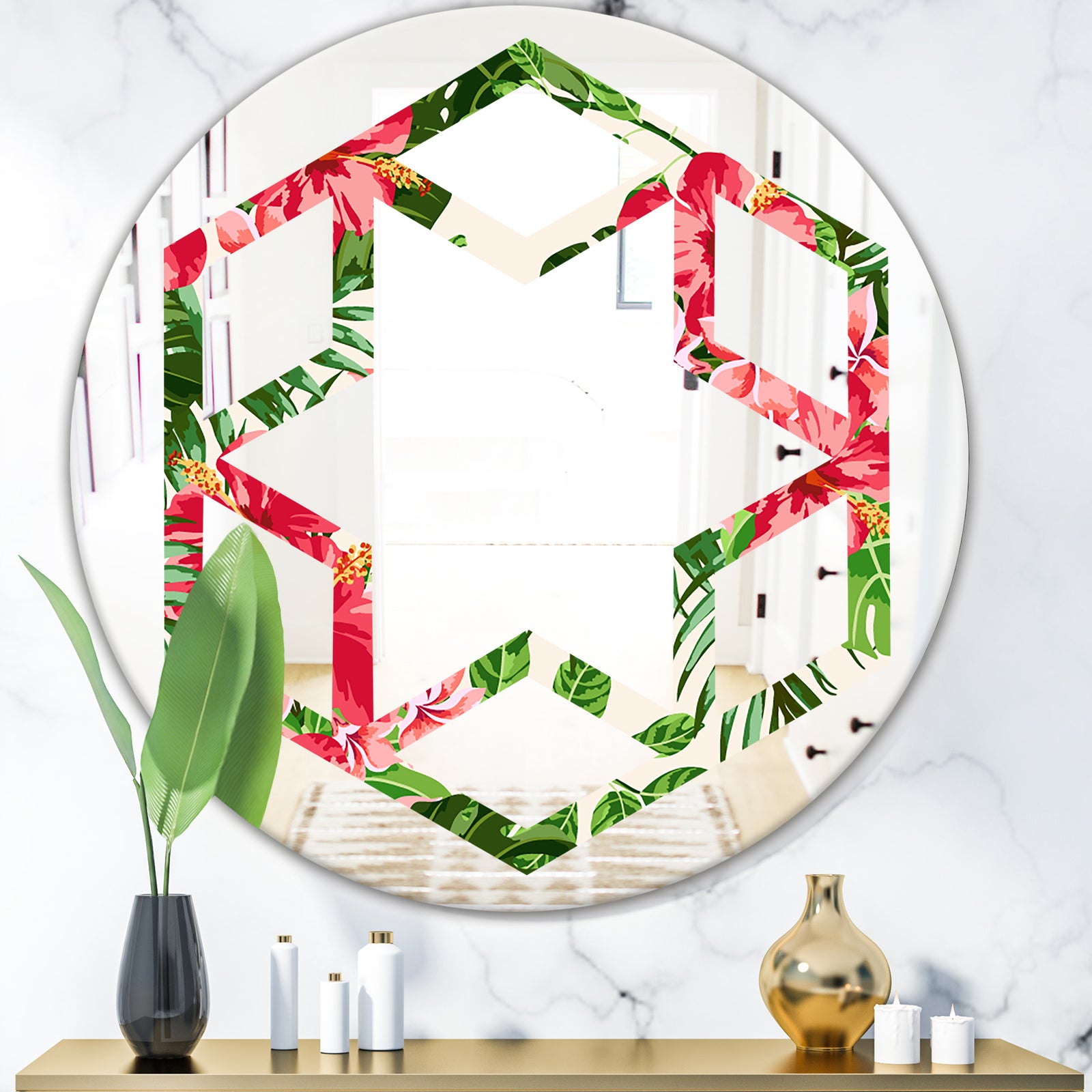 Tropical Leaves and Flowers I - Cottage Round or Oval Wall Mirror - Hexagon Star