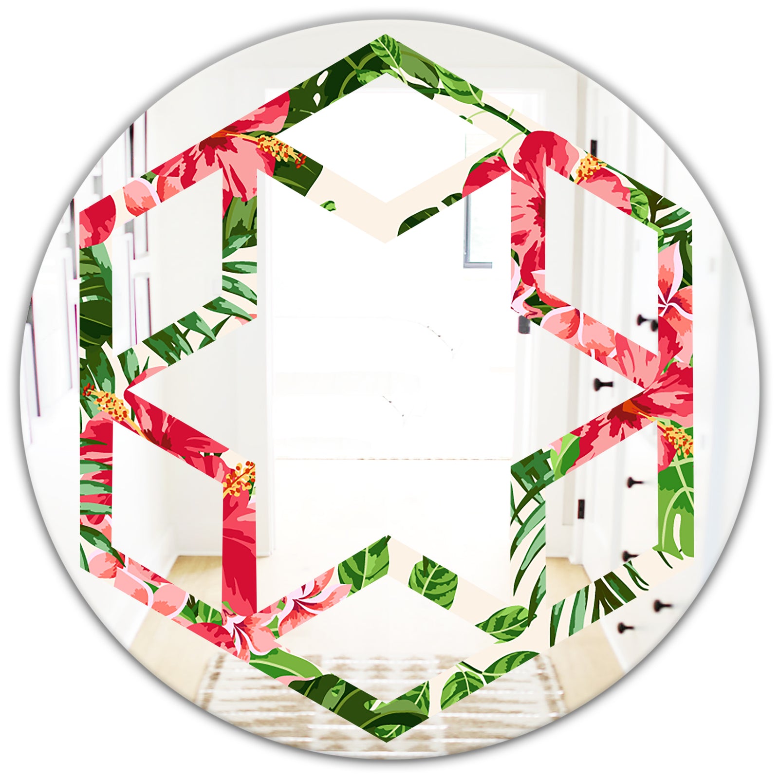 Tropical Leaves and Flowers I - Cottage Round or Oval Wall Mirror - Hexagon Star