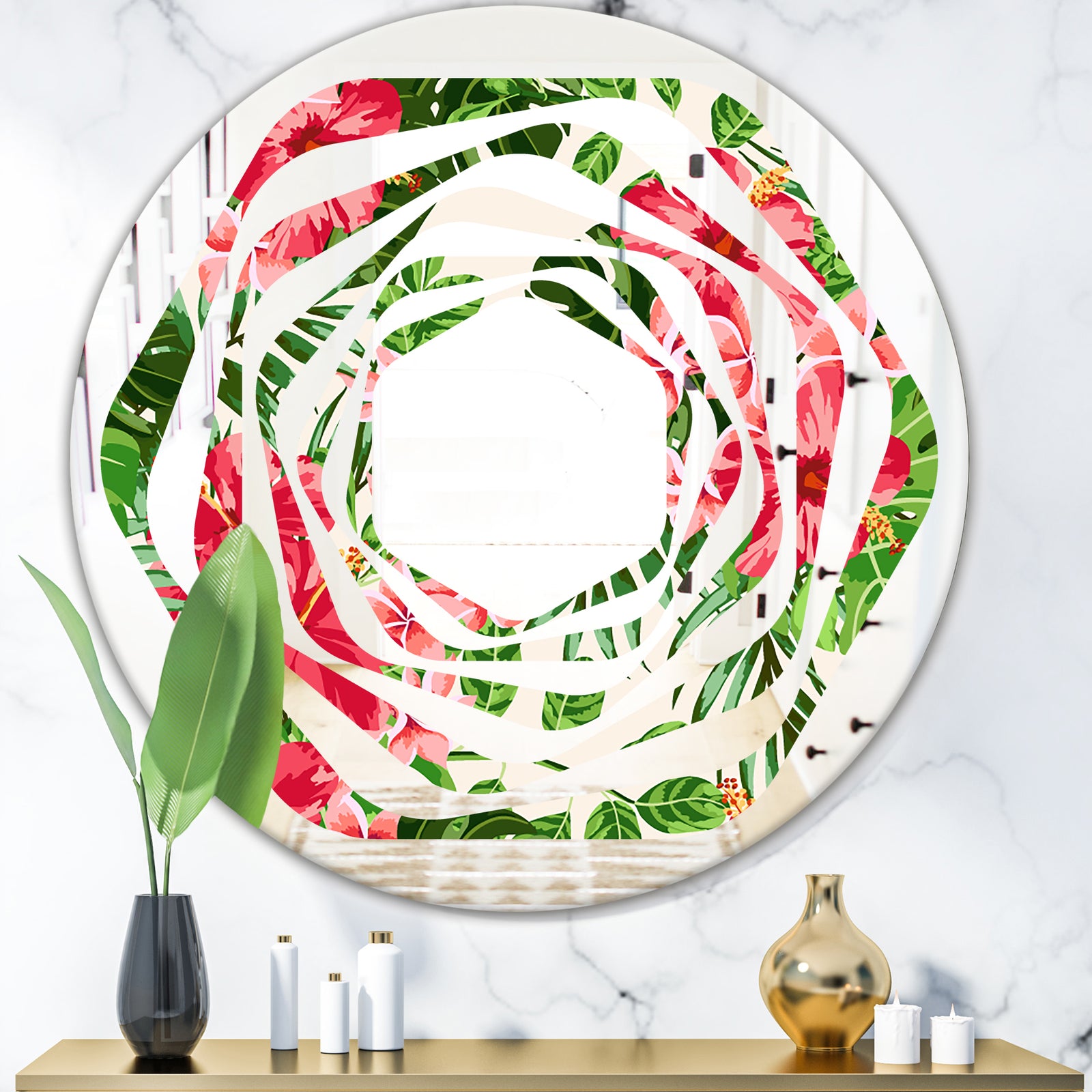 Tropical Leaves and Flowers I - Cottage Round or Oval Wall Mirror - Whirl