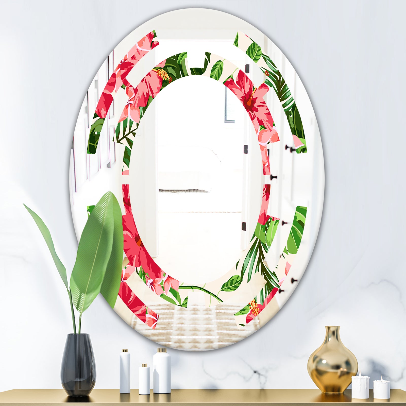Tropical Leaves and Flowers I - Cottage Round or Oval Wall Mirror - Space