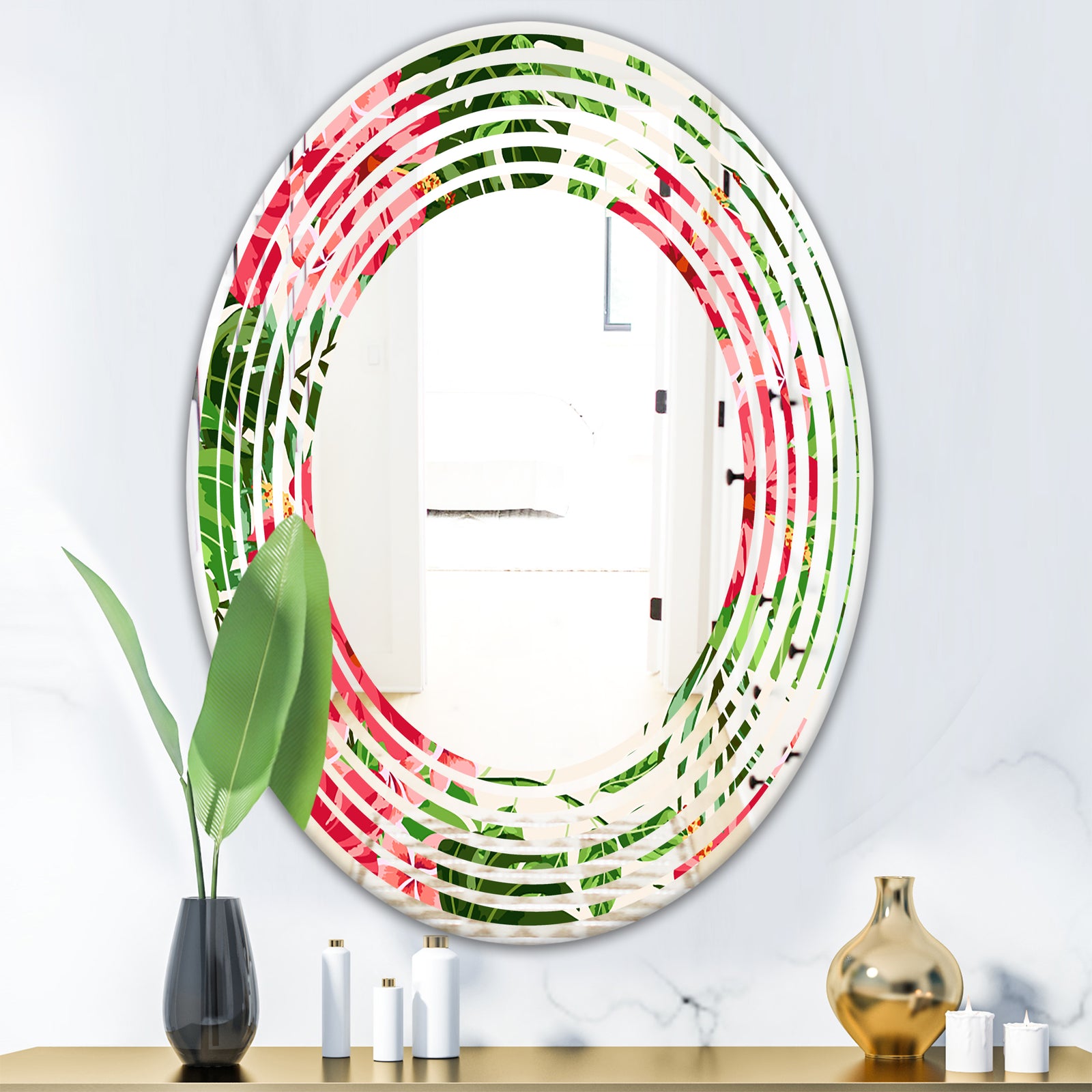 Tropical Leaves and Flowers I - Cottage Round or Oval Wall Mirror - Wave
