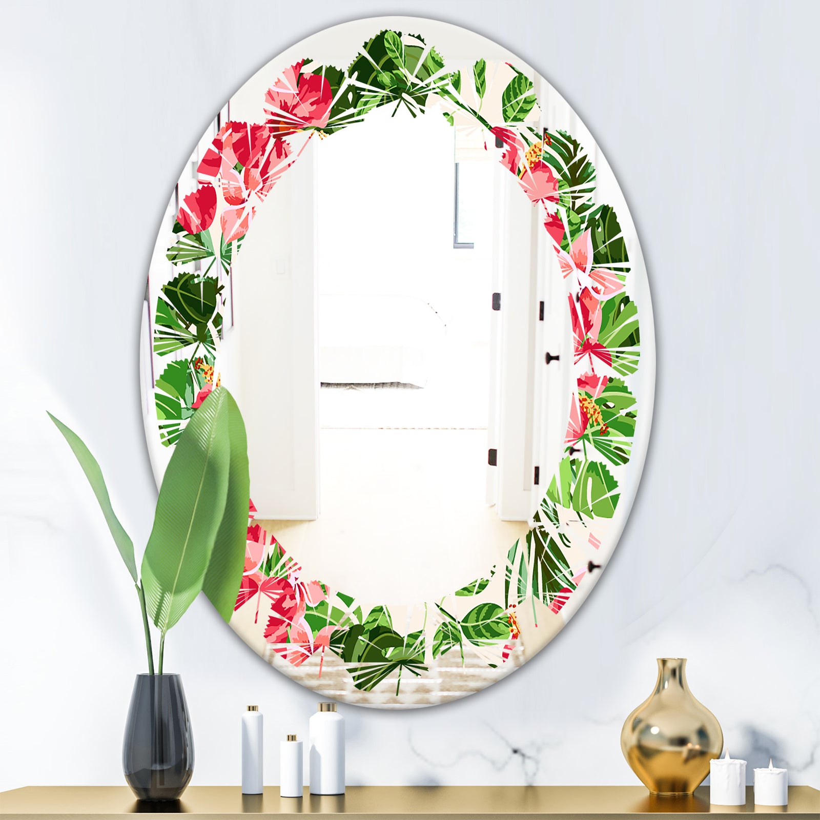 Tropical Leaves and Flowers I - Cottage Round or Oval Wall Mirror - Leaves