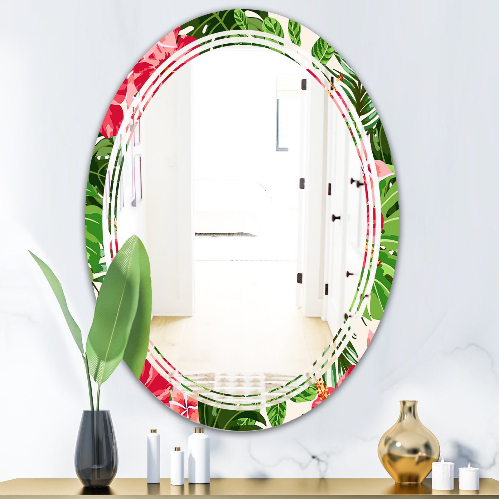 Tropical Leaves and Flowers I - Cottage Round or Oval Wall Mirror - Triple C