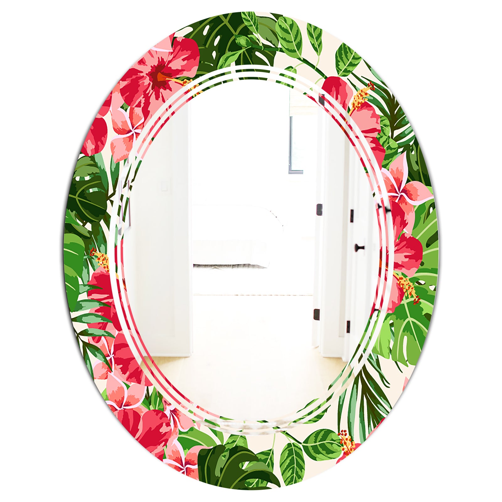 Tropical Leaves and Flowers I - Cottage Round or Oval Wall Mirror - Triple C