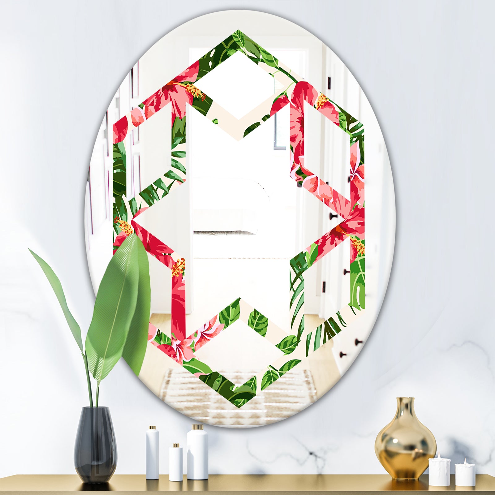 Tropical Leaves and Flowers I - Cottage Round or Oval Wall Mirror - Hexagon Star