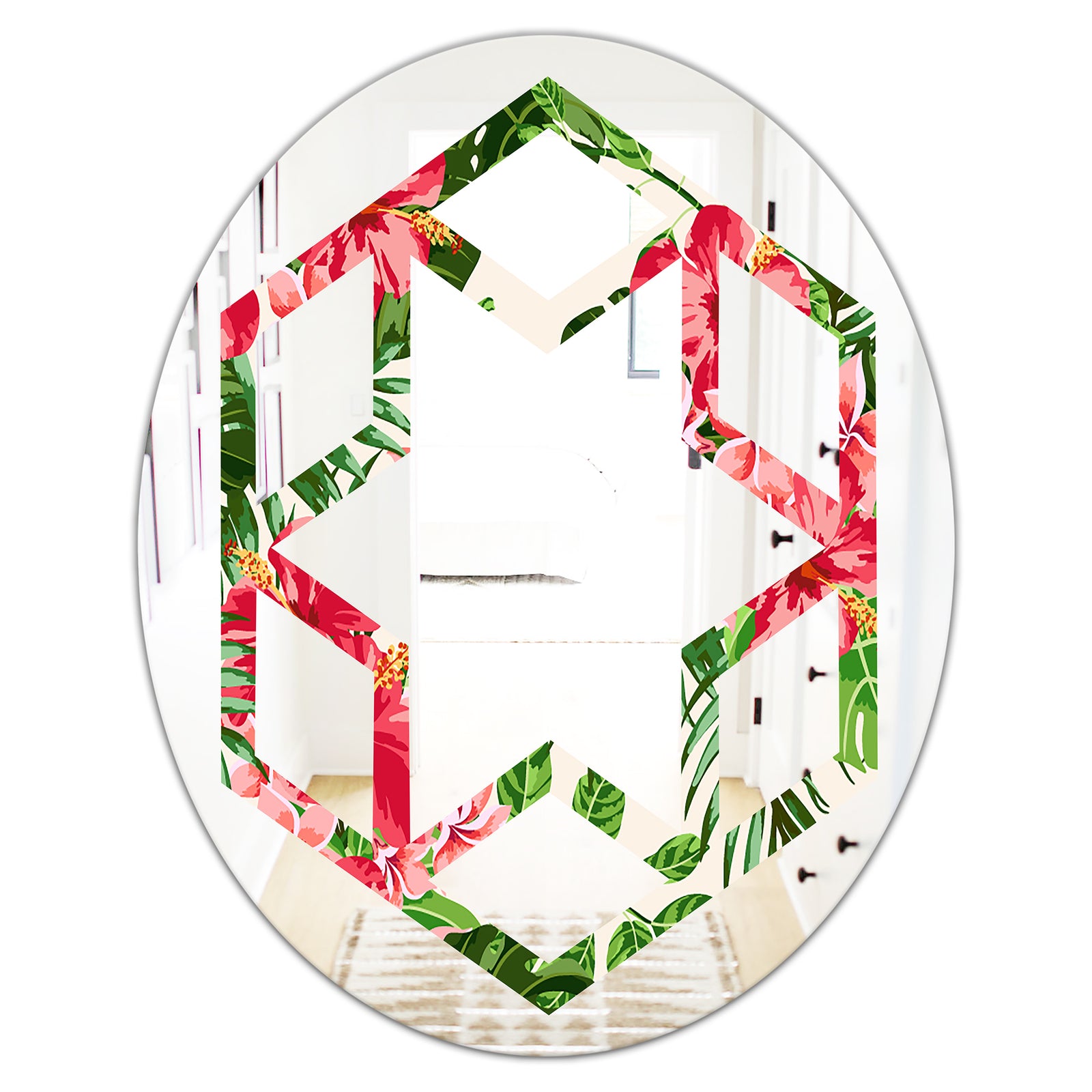 Tropical Leaves and Flowers I - Cottage Round or Oval Wall Mirror - Hexagon Star