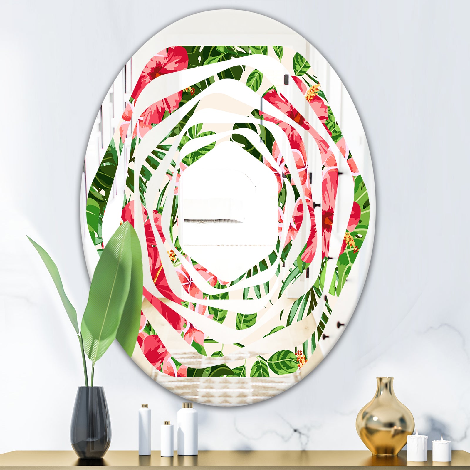 Tropical Leaves and Flowers I - Cottage Round or Oval Wall Mirror - Whirl