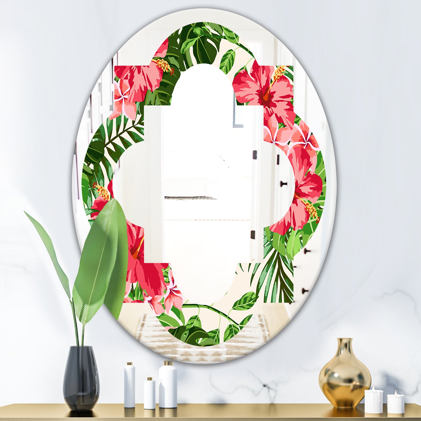 Tropical Leaves and Flowers I - Cottage Round or Oval Wall Mirror - Quatrefoil