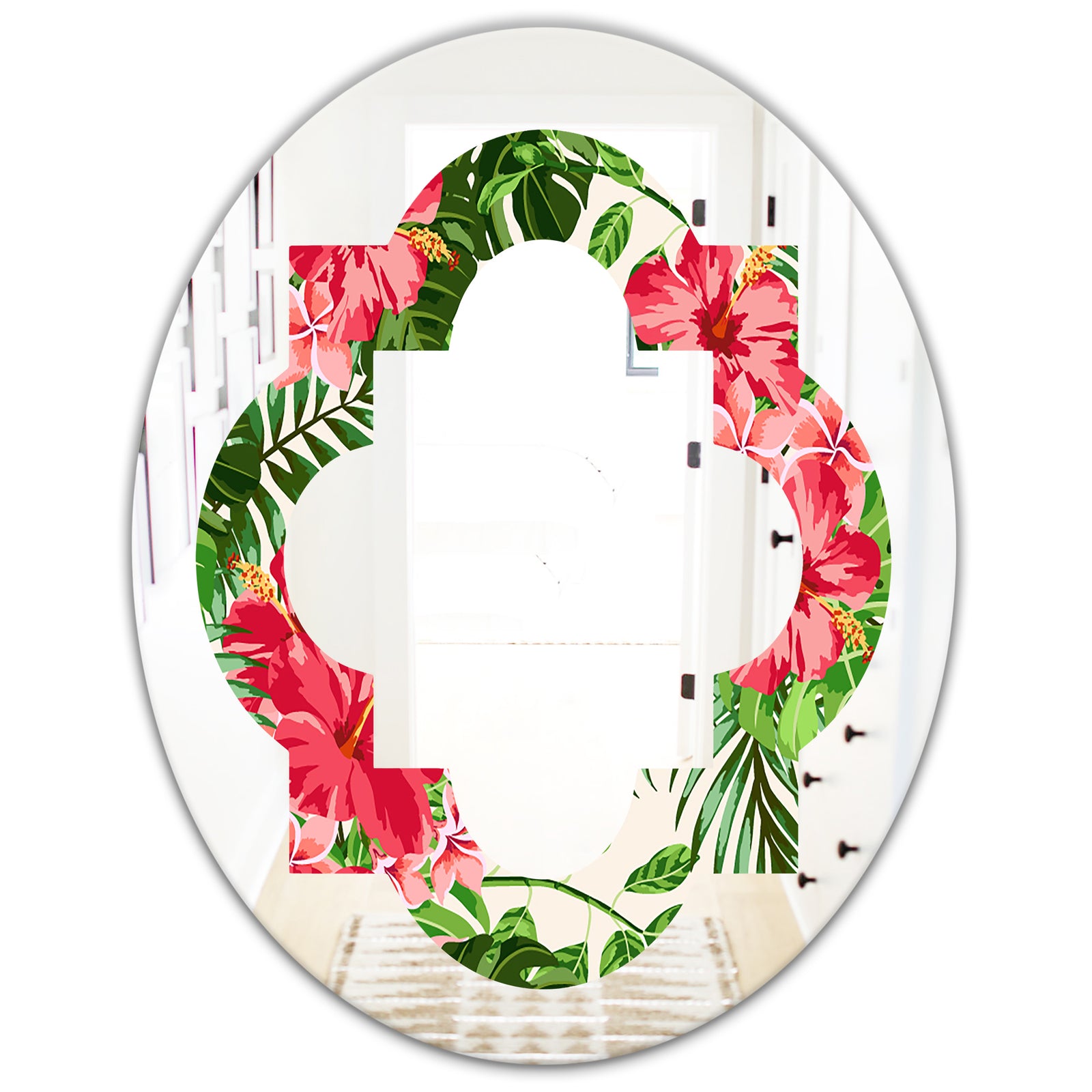 Tropical Leaves and Flowers I - Cottage Round or Oval Wall Mirror - Quatrefoil