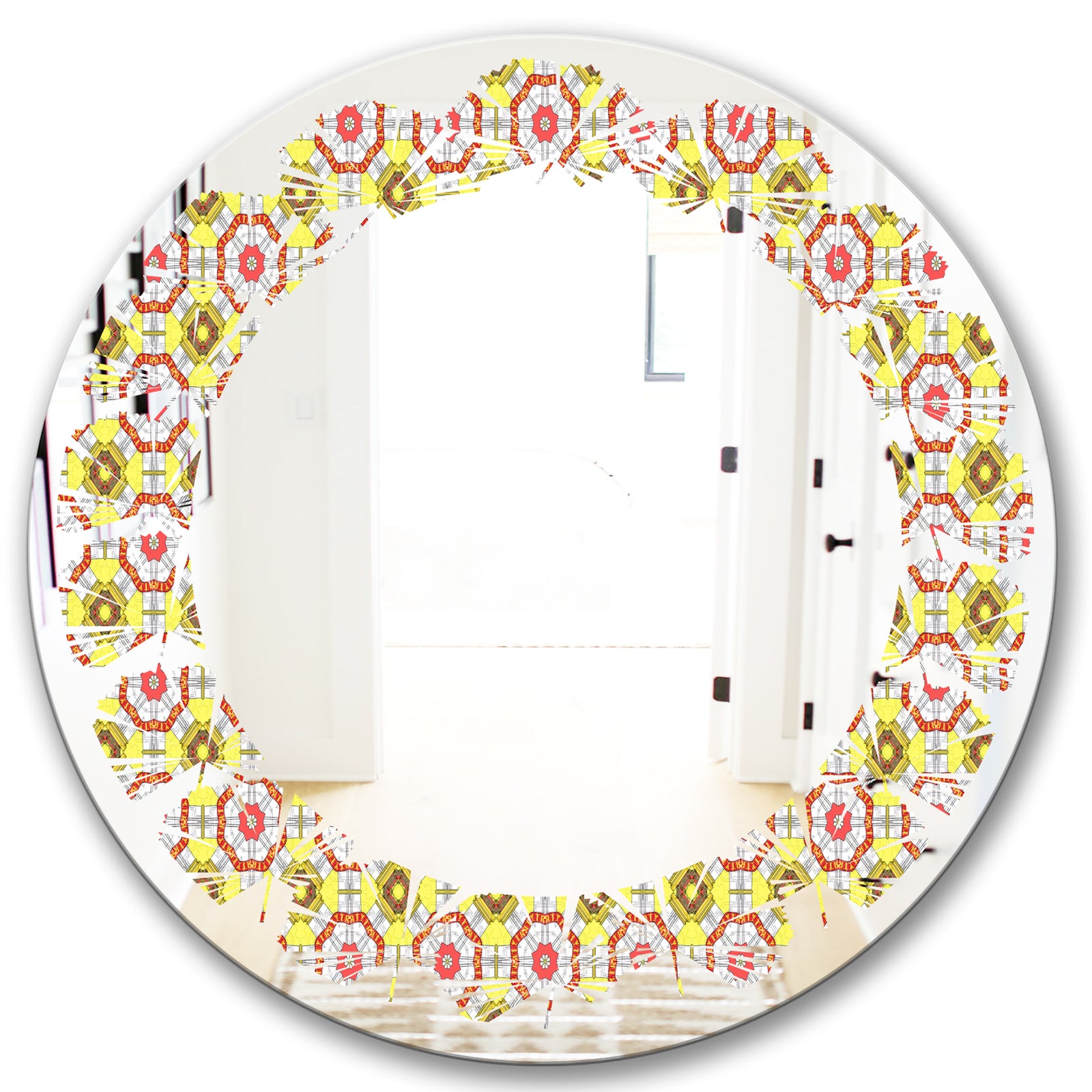 Retro Ethnic Abstract Kaleidoscope Design - Modern Round or Oval Wall Mirror - Leaves