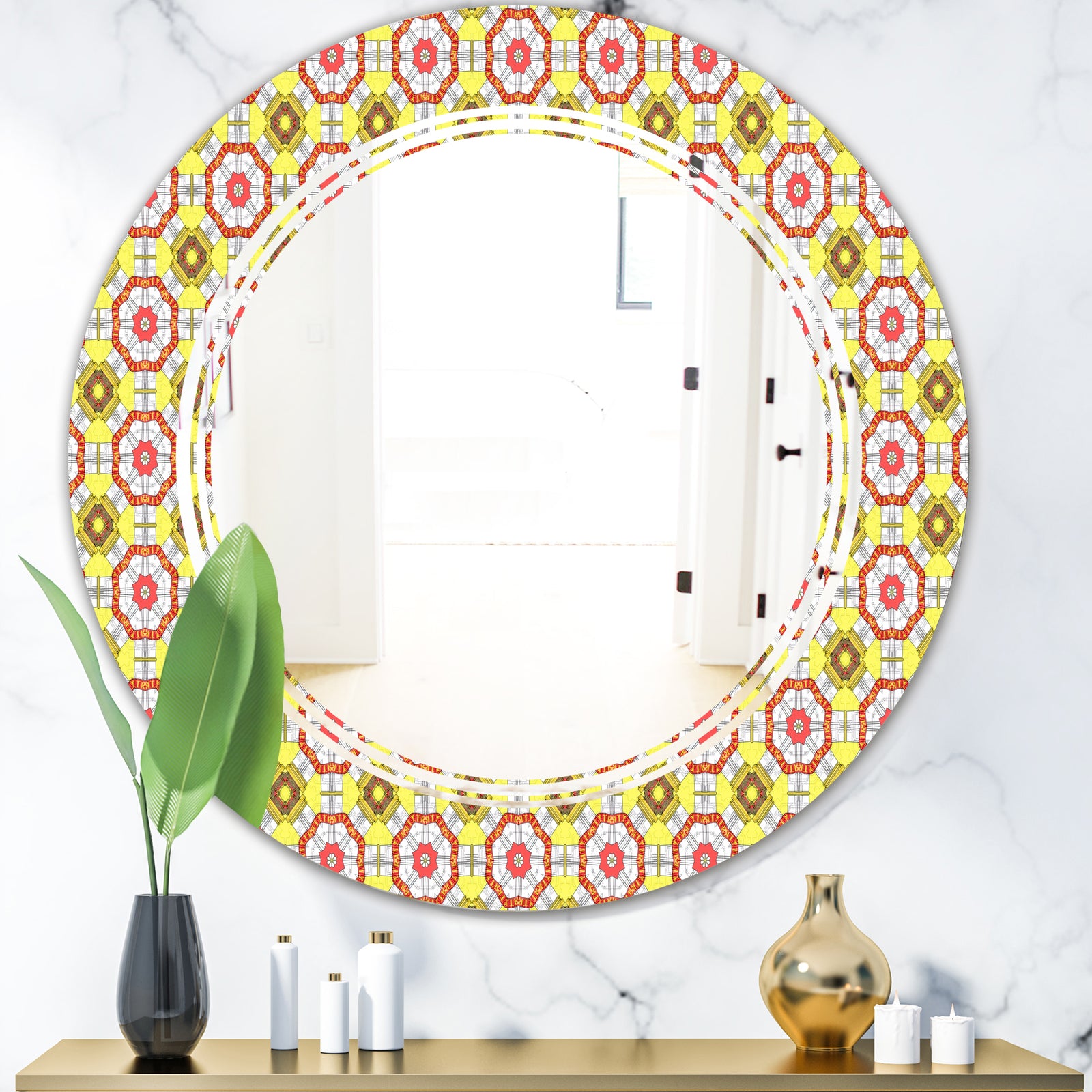 Retro Ethnic Abstract Kaleidoscope Design - Modern Round or Oval Wall Mirror - Triple C