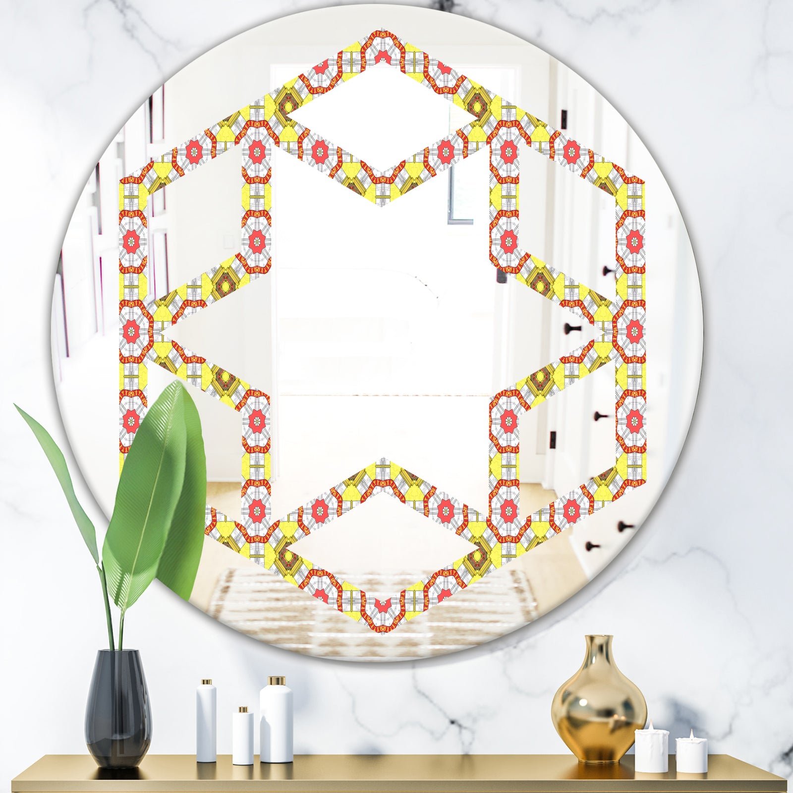 Retro Ethnic Abstract Kaleidoscope Design - Modern Round or Oval Wall Mirror - Hexagon Star