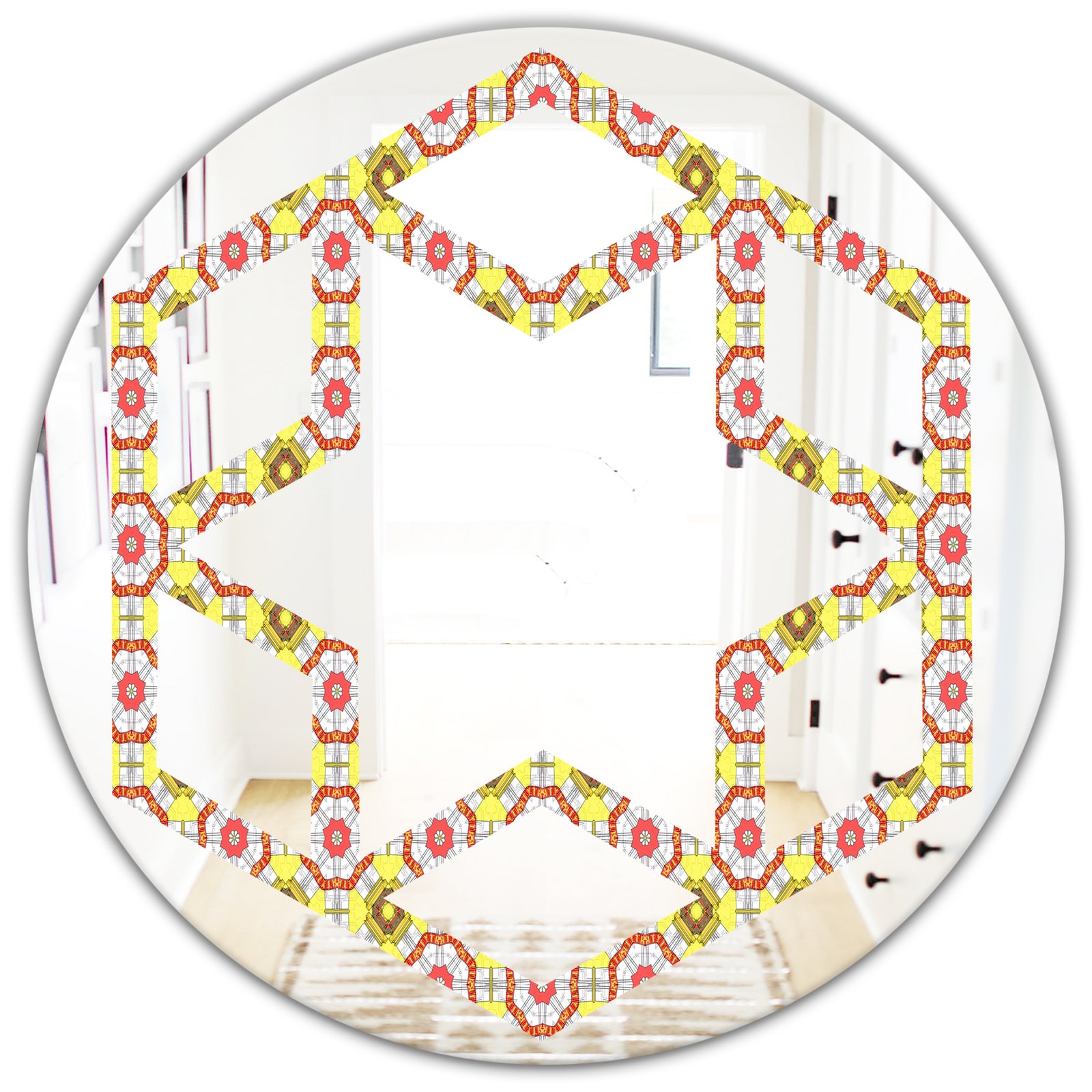 Retro Ethnic Abstract Kaleidoscope Design - Modern Round or Oval Wall Mirror - Hexagon Star